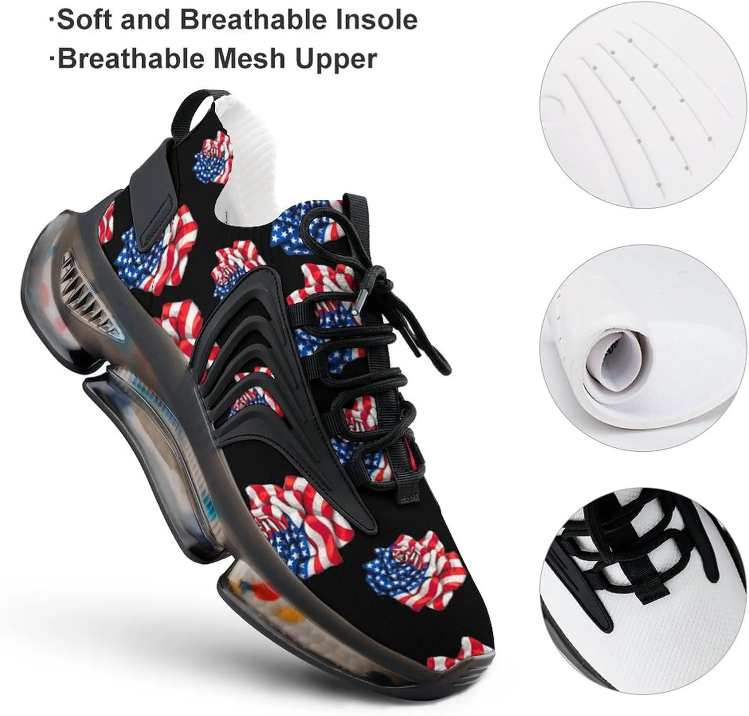 American Flag Rose Men's Running Shoes Lightweight Walking Shoe Breathable Sneaker