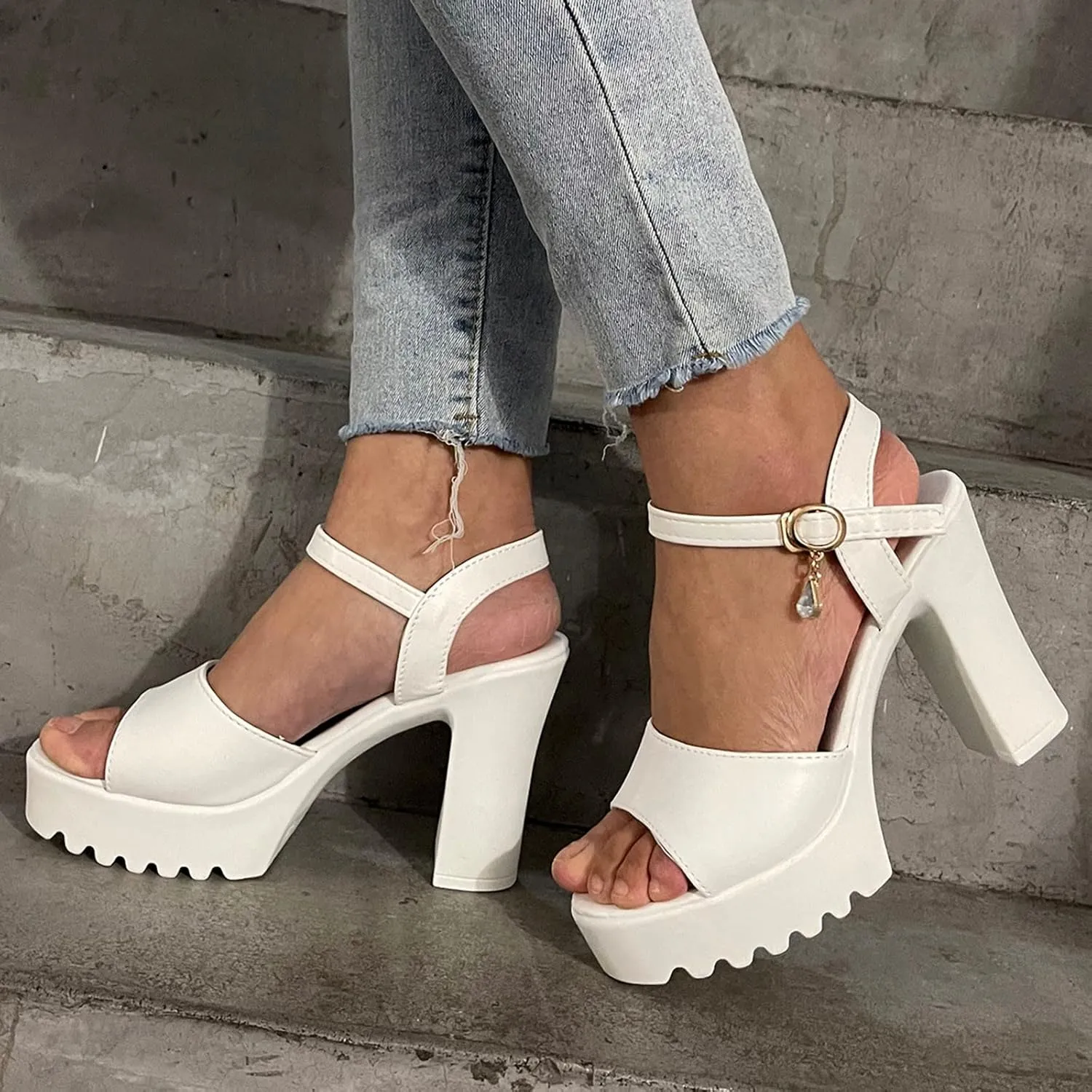 Aniywn Womens Platform Faux Fur Sandals Chunky Heel Open Toe Ankle Strap High Heeled Party Dress Pumps Shoes