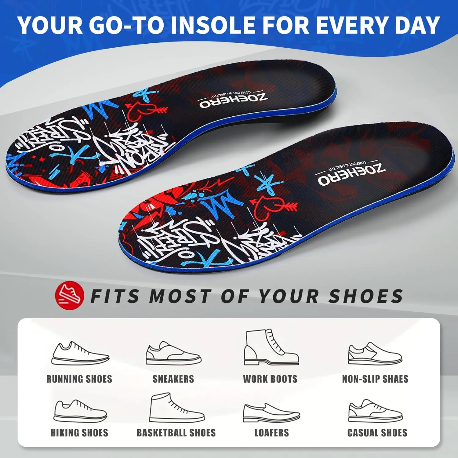 Arch Support Insoles for Plantar Fasciitis & Flat Feet Relief, Orthotic Shoe Inserts for Men & Women, All-Day Comfort, Ideal for Hiking, Standing & Running