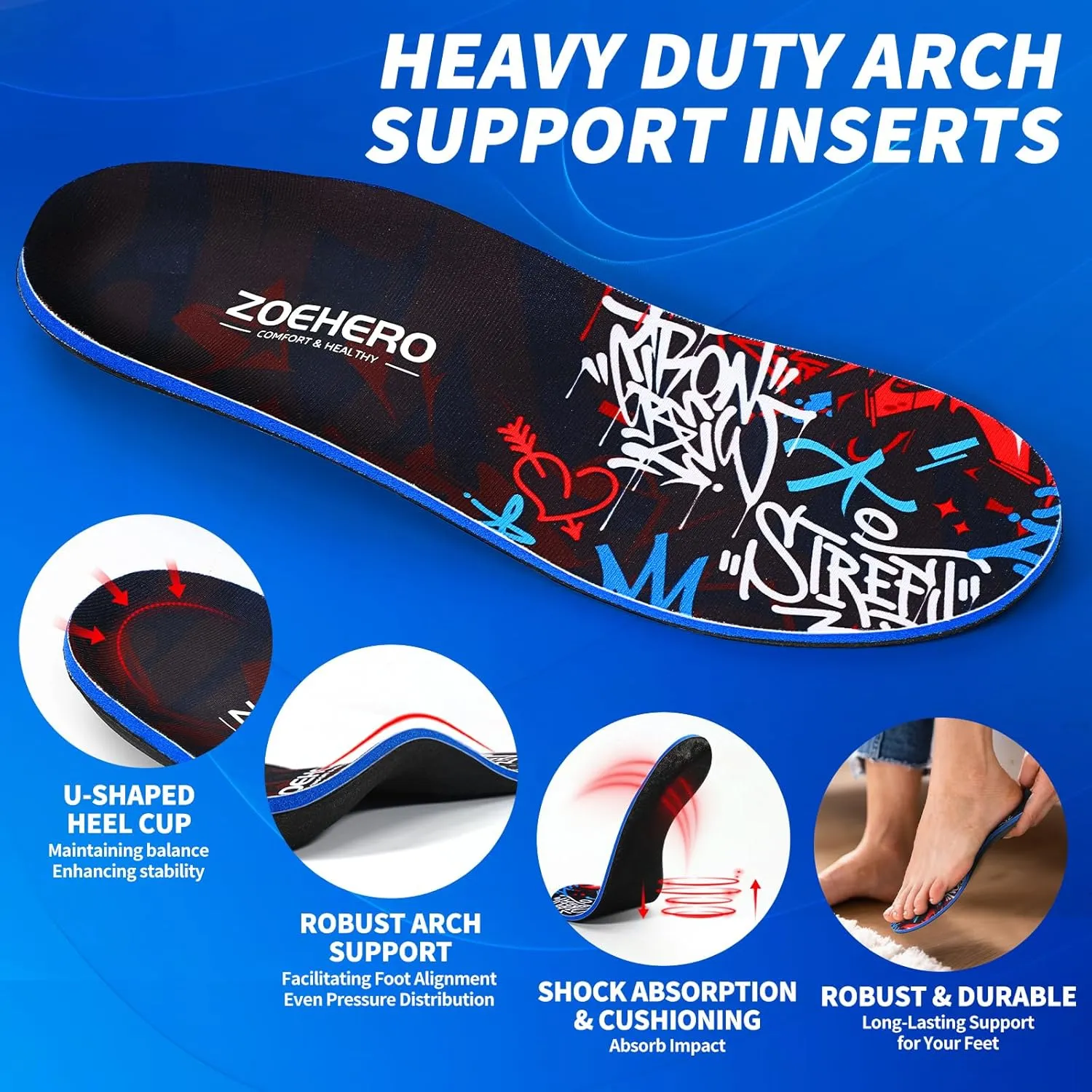 Arch Support Insoles for Plantar Fasciitis & Flat Feet Relief, Orthotic Shoe Inserts for Men & Women, All-Day Comfort, Ideal for Hiking, Standing & Running