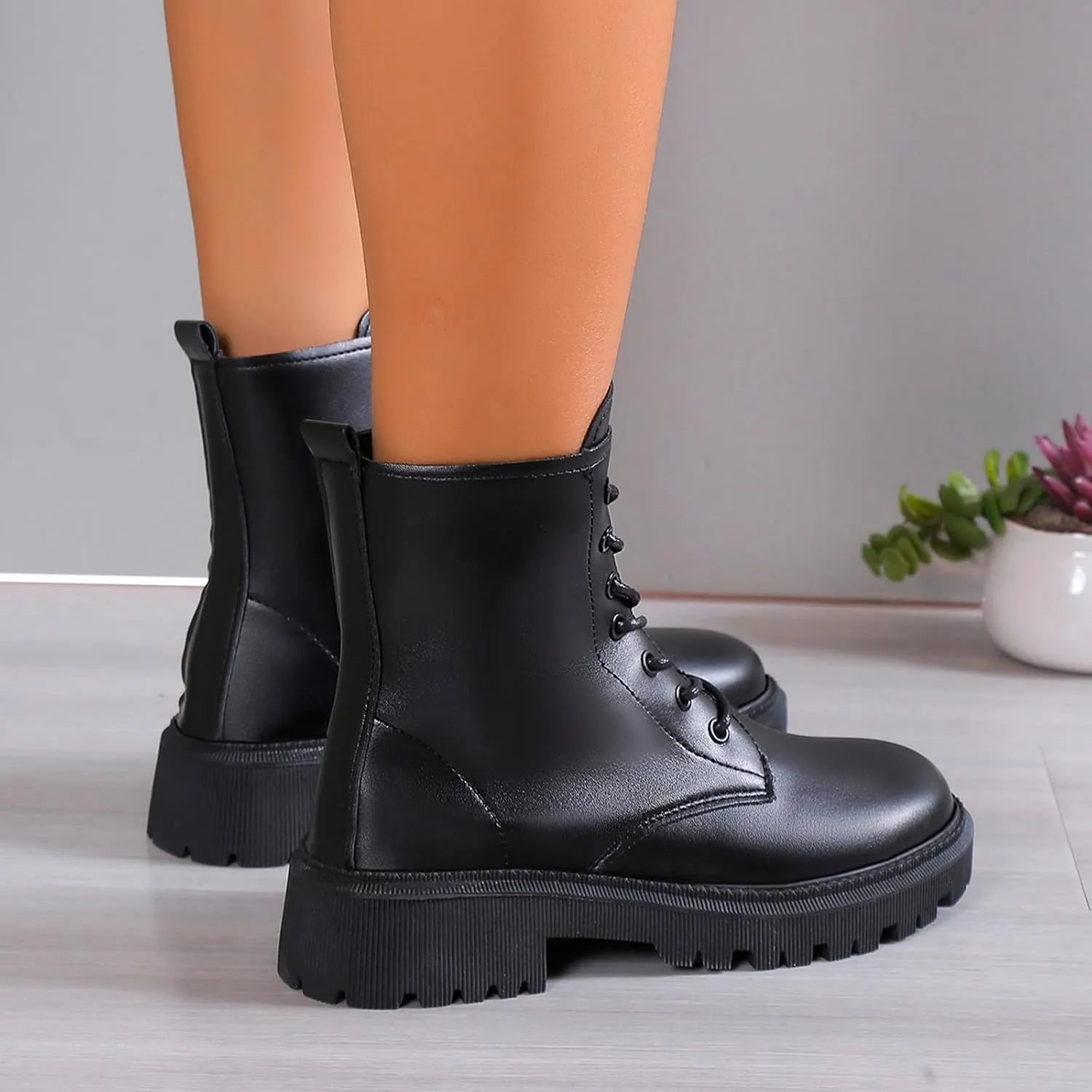 Boots for Women Chunky Heel Round Toe Platform Dressy Ankle Boots Solid Lace up Zipper Fashion Womens Boots