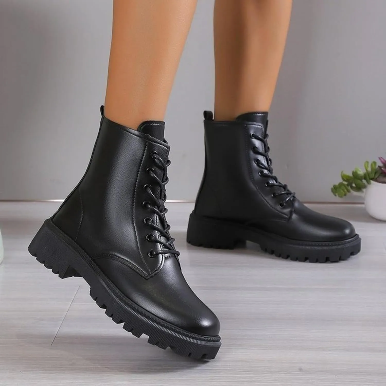 Boots for Women Chunky Heel Round Toe Platform Dressy Ankle Boots Solid Lace up Zipper Fashion Womens Boots