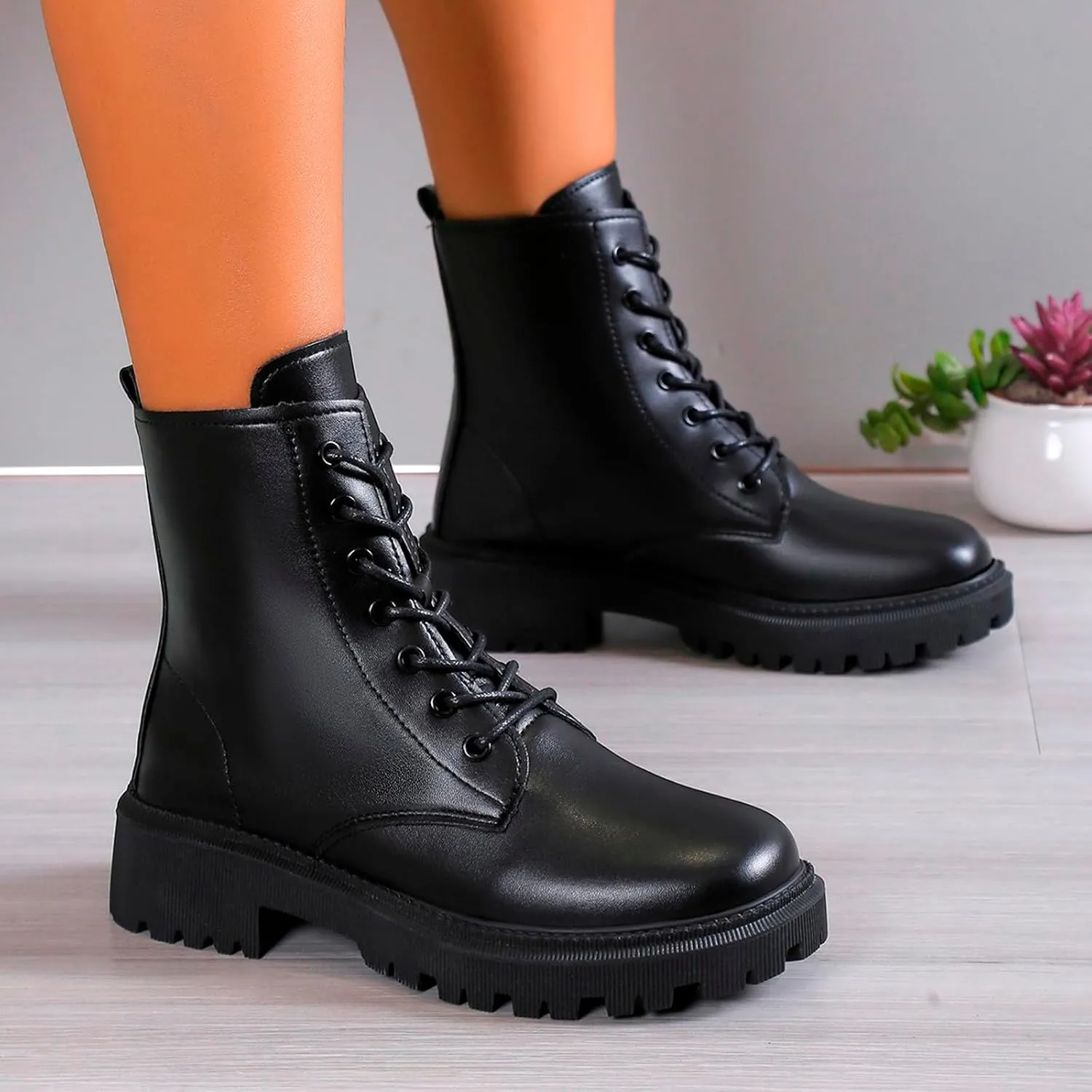 Boots for Women Chunky Heel Round Toe Platform Dressy Ankle Boots Solid Lace up Zipper Fashion Womens Boots