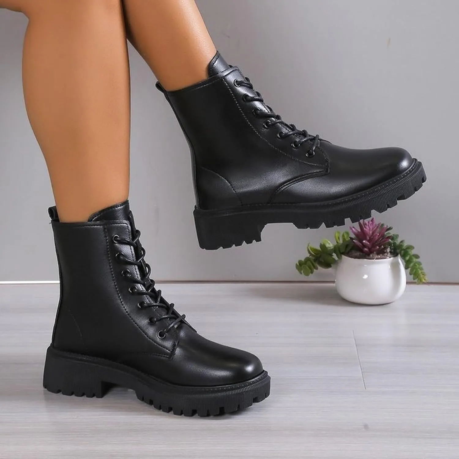 Boots for Women Chunky Heel Round Toe Platform Dressy Ankle Boots Solid Lace up Zipper Fashion Womens Boots