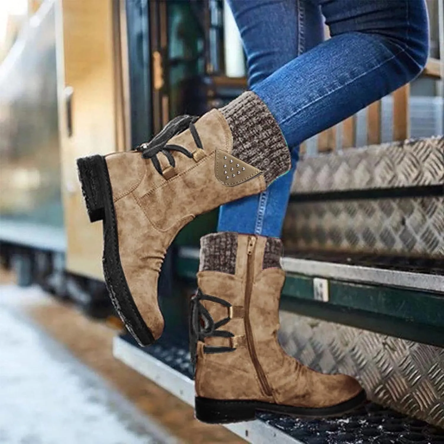 Boots for Women Side Zipper Chunky Heel Mid Calf Snow Boots Lug Sole Warm Insulated Comfortable Winter Women Boots