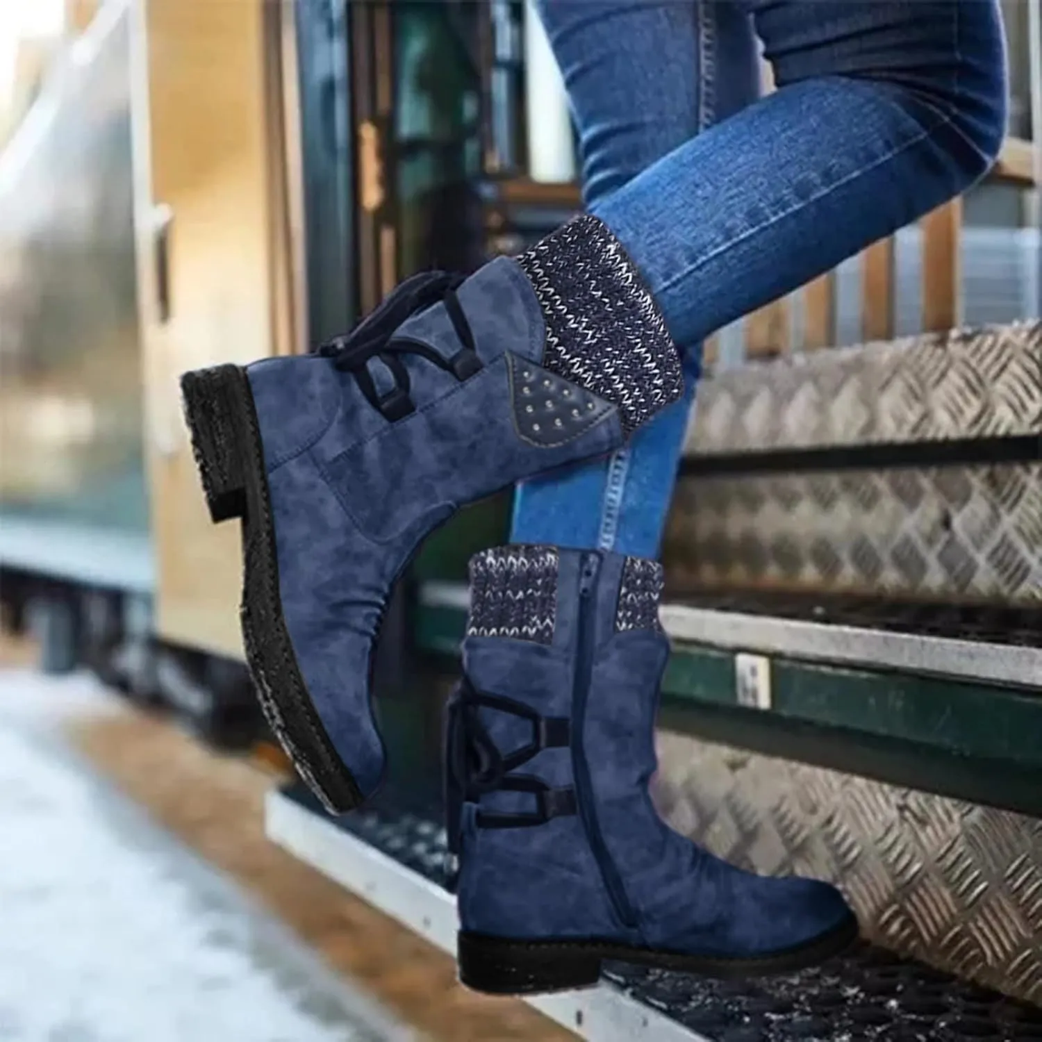 Boots for Women Side Zipper Chunky Heel Mid Calf Snow Boots Lug Sole Warm Insulated Comfortable Winter Women Boots