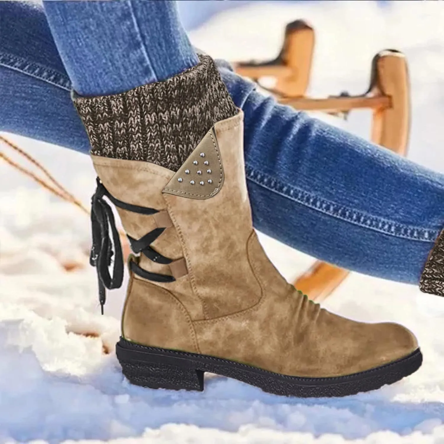Boots for Women Side Zipper Chunky Heel Mid Calf Snow Boots Lug Sole Warm Insulated Comfortable Winter Women Boots