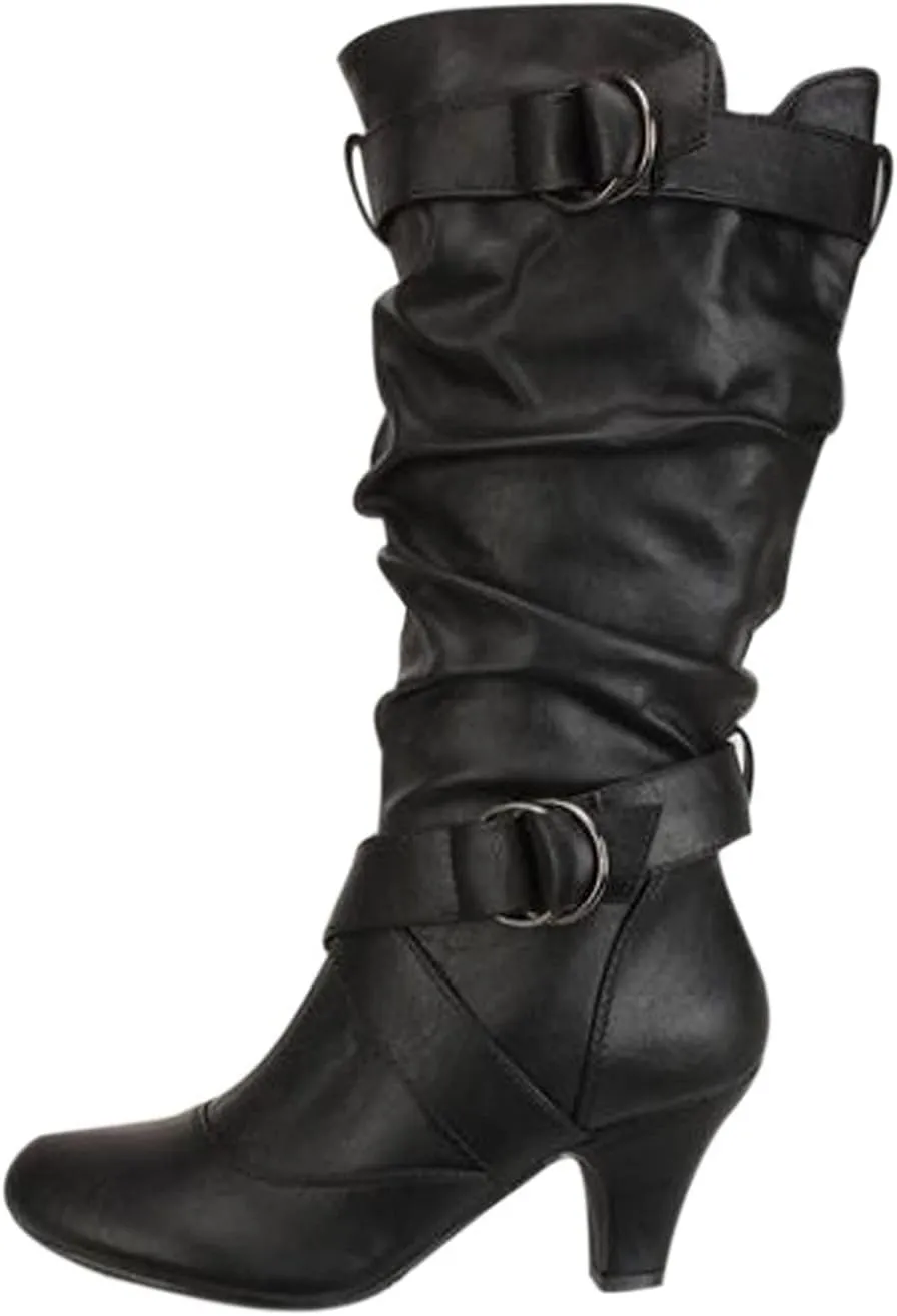 Boots for Women Wide Calf,Pull On Mid Heel Winter Shoes Buckle Strap Knee High Booties with Zip Goth Leather Boots