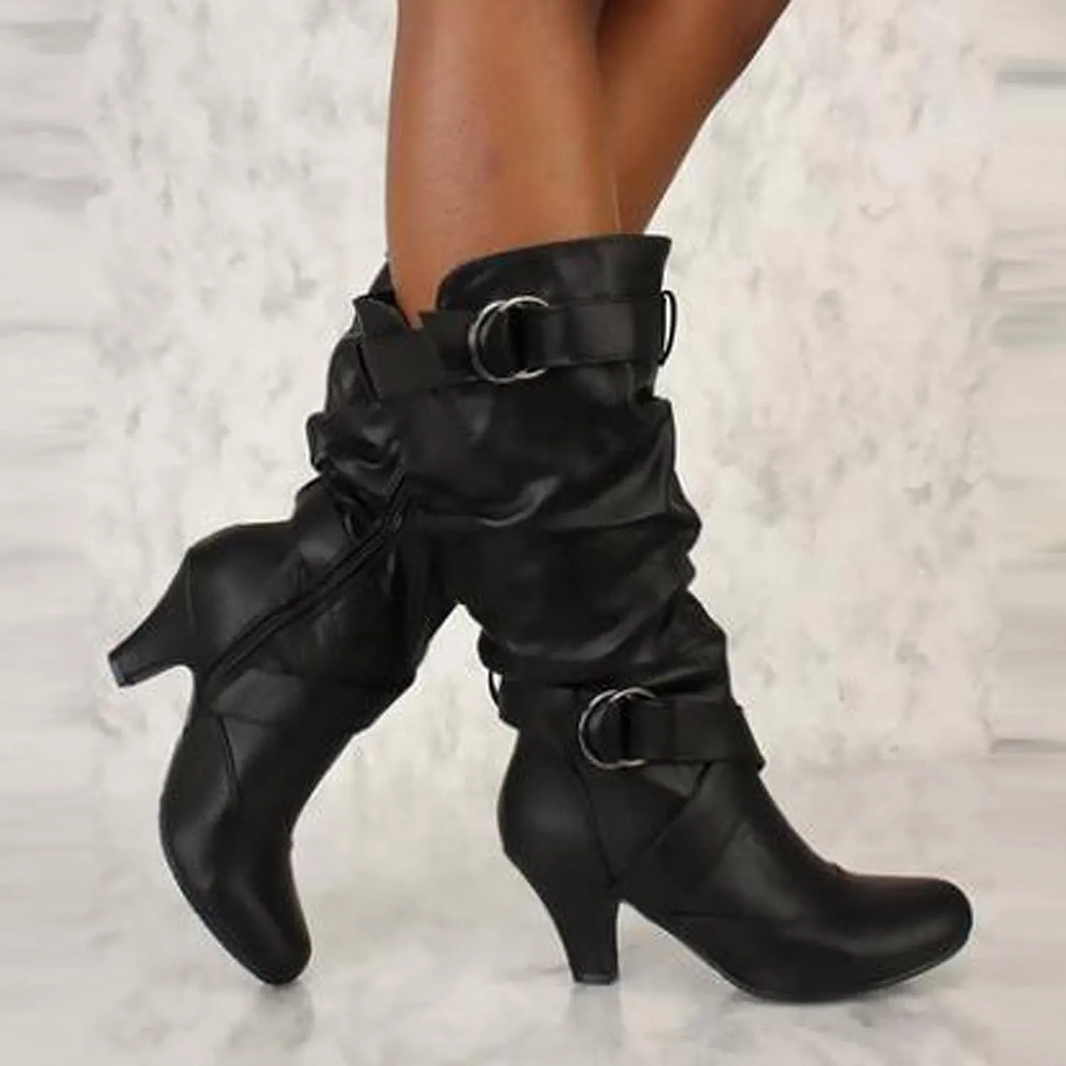 Boots for Women Wide Calf,Pull On Mid Heel Winter Shoes Buckle Strap Knee High Booties with Zip Goth Leather Boots
