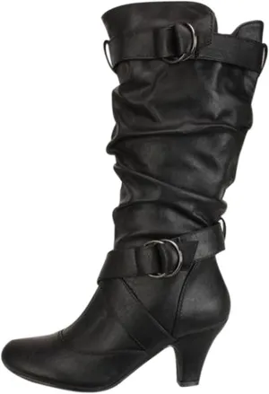 Boots for Women Wide Calf,Pull On Mid Heel Winter Shoes Buckle Strap Knee High Booties with Zip Goth Leather Boots