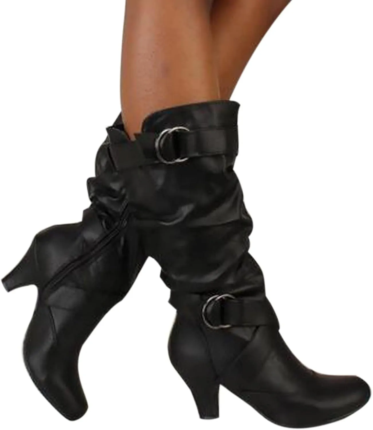 Boots for Women Wide Calf,Pull On Mid Heel Winter Shoes Buckle Strap Knee High Booties with Zip Goth Leather Boots