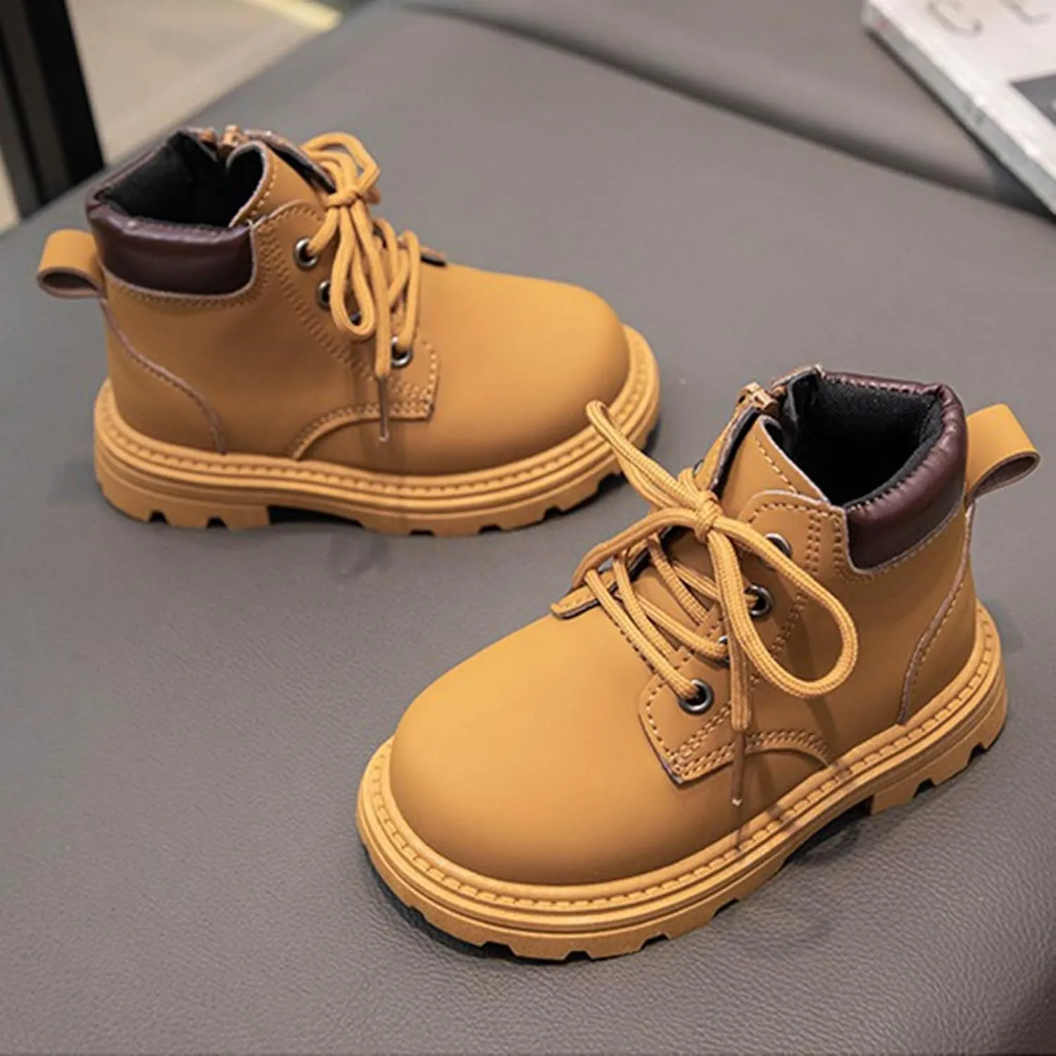 Boys Girls Hiking Boots Platform Lace Up Ankle Boots Soft Sole Combat Boots with Zip Anti-slip Riding Boots for Kids
