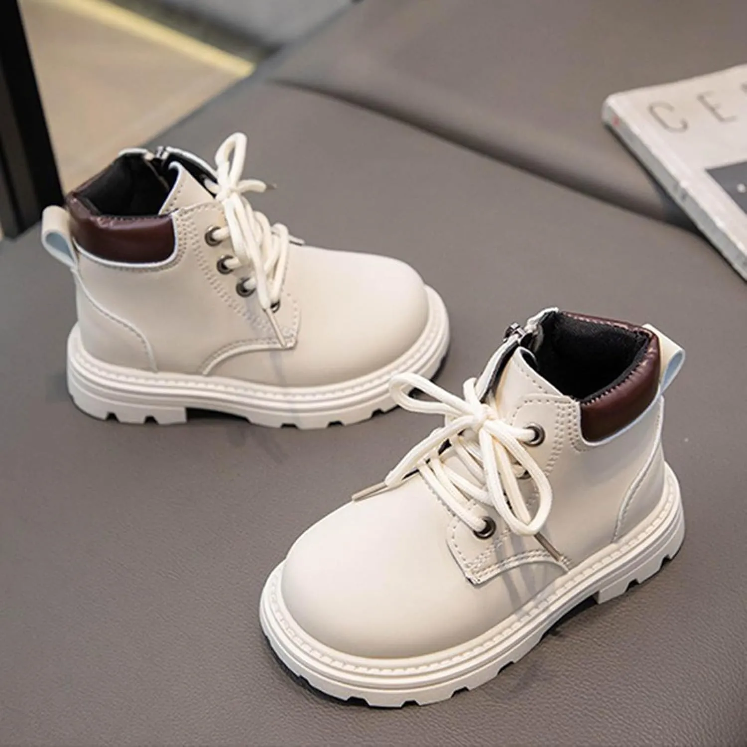 Boys Girls Hiking Boots Platform Lace Up Ankle Boots Soft Sole Combat Boots with Zip Anti-slip Riding Boots for Kids