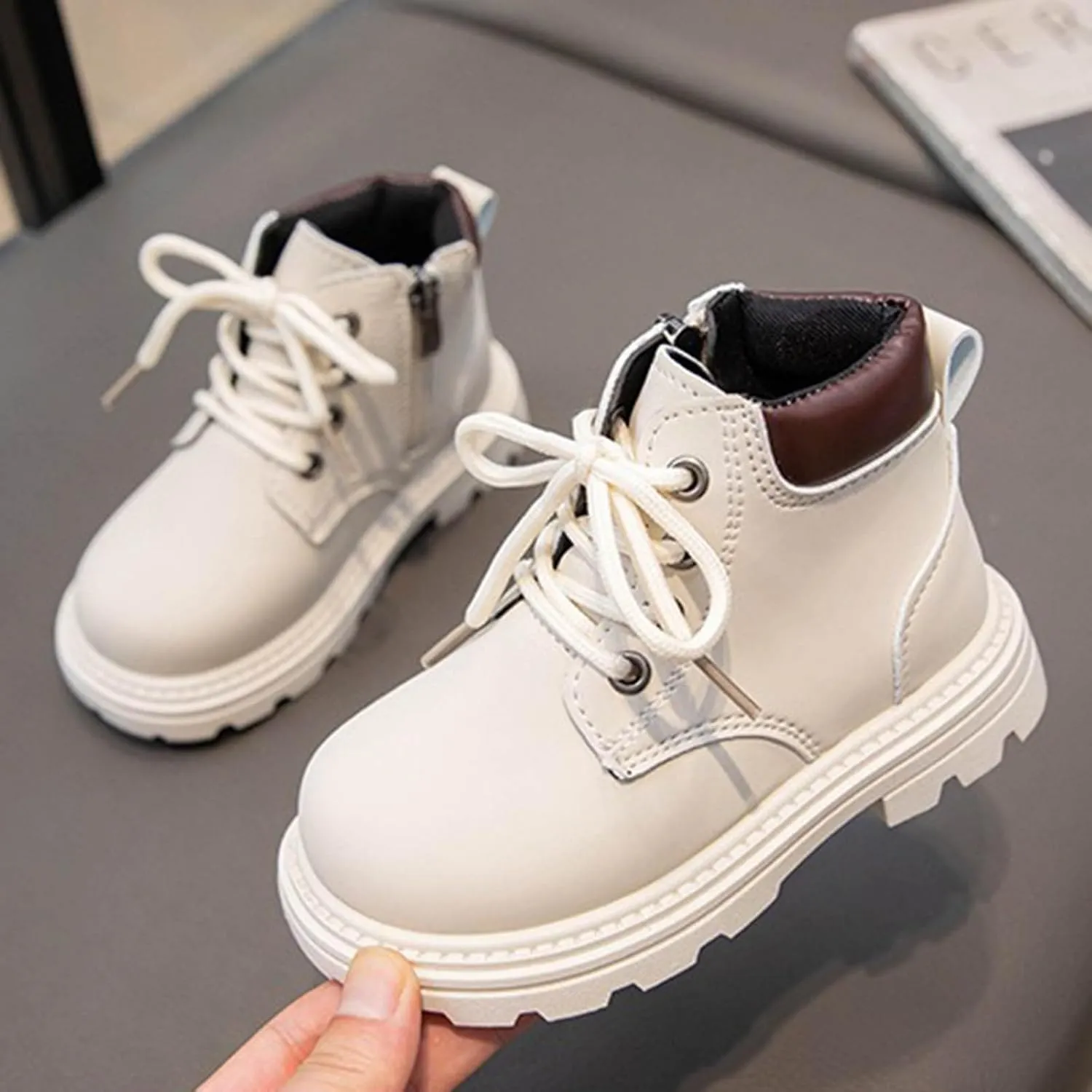 Boys Girls Hiking Boots Platform Lace Up Ankle Boots Soft Sole Combat Boots with Zip Anti-slip Riding Boots for Kids