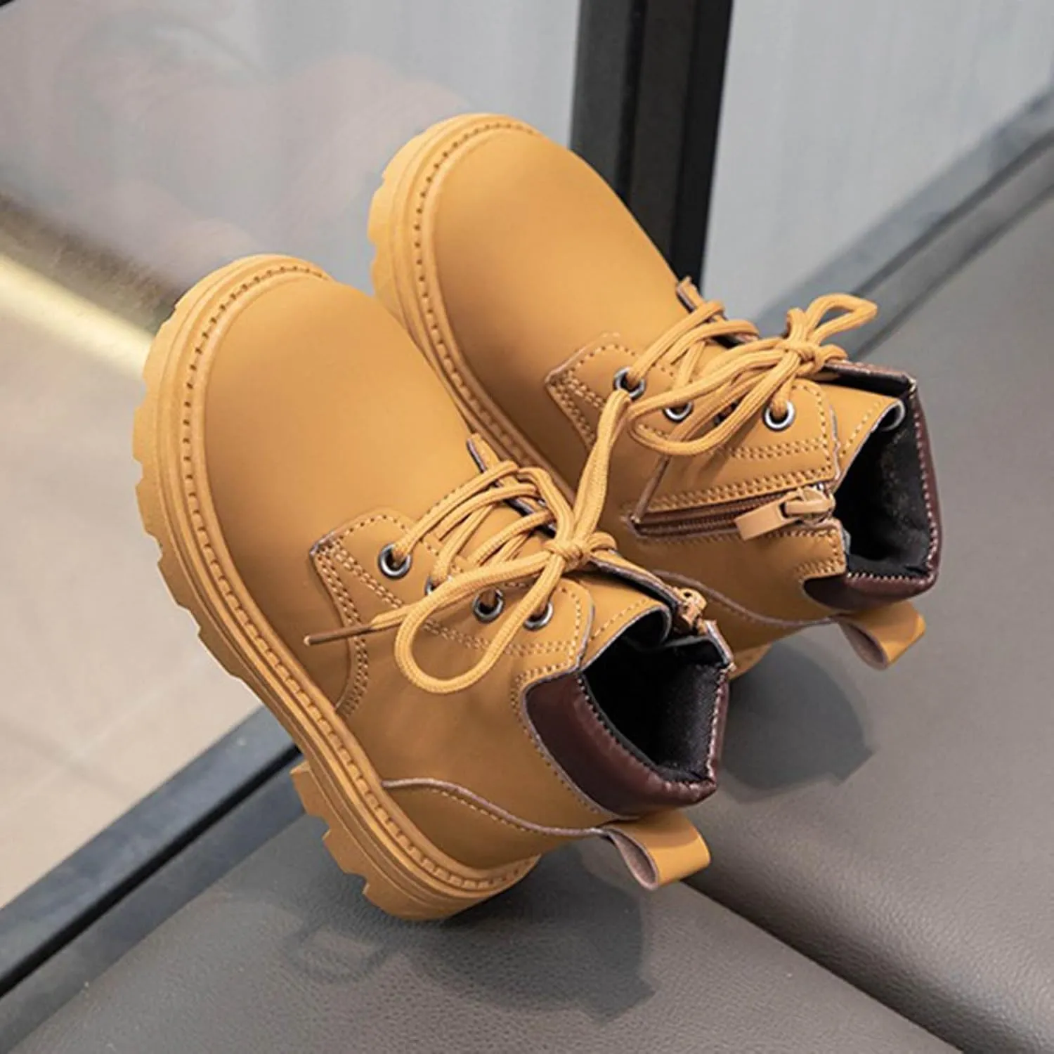 Boys Girls Hiking Boots Platform Lace Up Ankle Boots Soft Sole Combat Boots with Zip Anti-slip Riding Boots for Kids