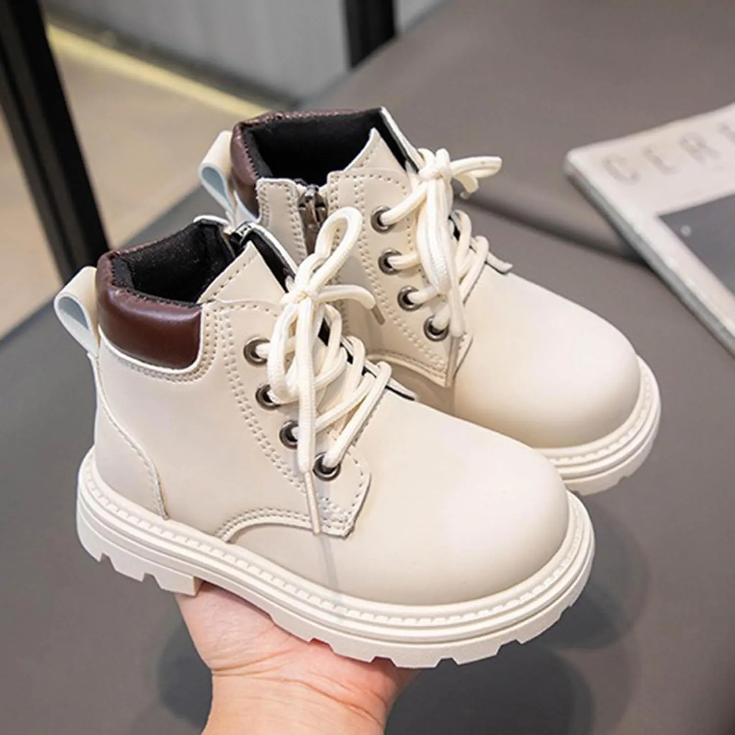 Boys Girls Hiking Boots Platform Lace Up Ankle Boots Soft Sole Combat Boots with Zip Anti-slip Riding Boots for Kids