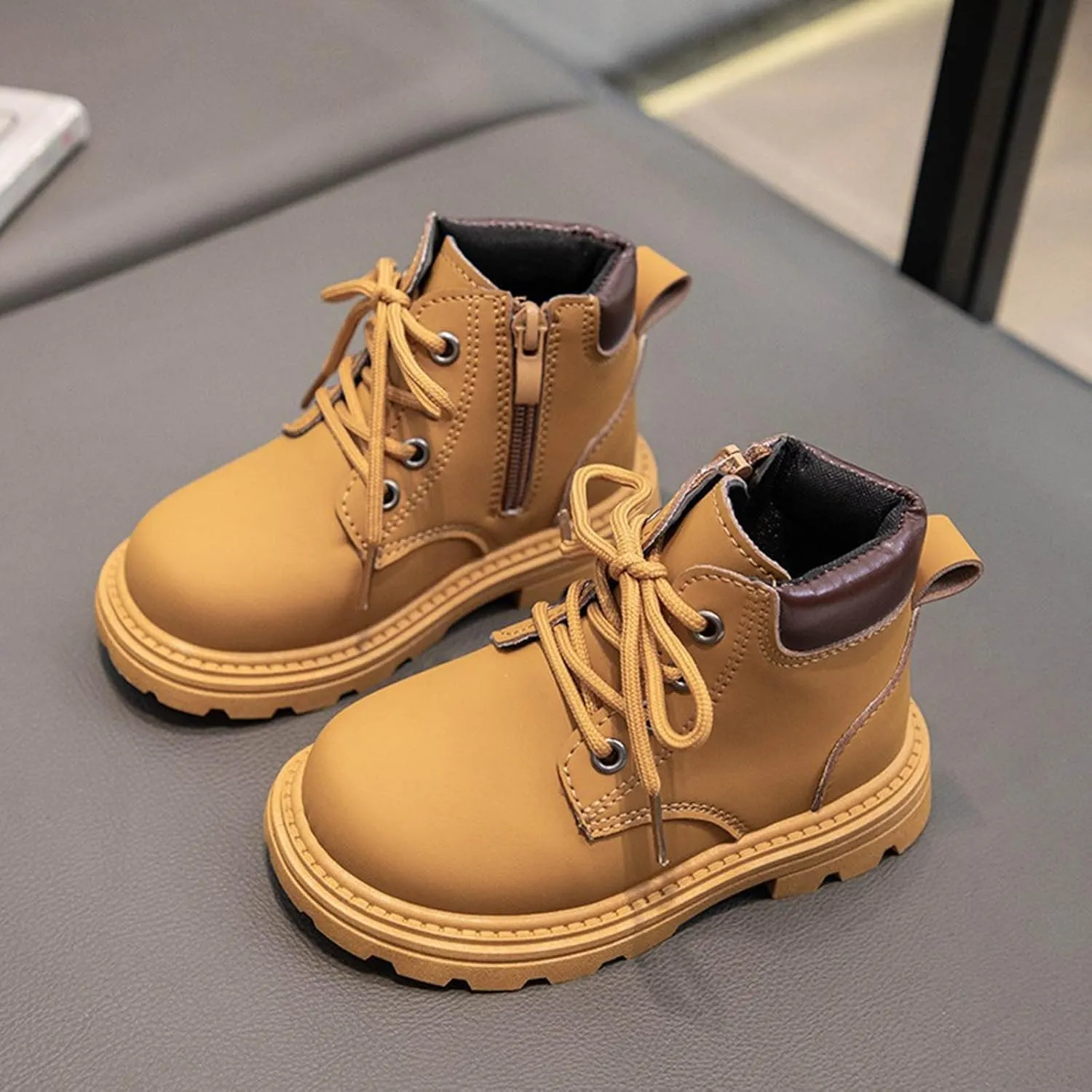 Boys Girls Hiking Boots Platform Lace Up Ankle Boots Soft Sole Combat Boots with Zip Anti-slip Riding Boots for Kids