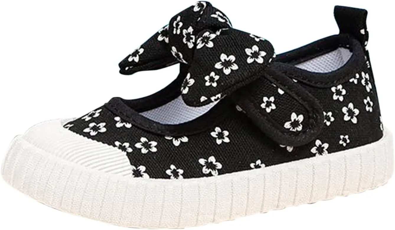 Canvas Shoes Kids Baby Floral Print Bowknot Outdoor Sport Sneakers Slip-On Comfortable Light Weight Skin-Friendly Causal Running Tennis Shoes