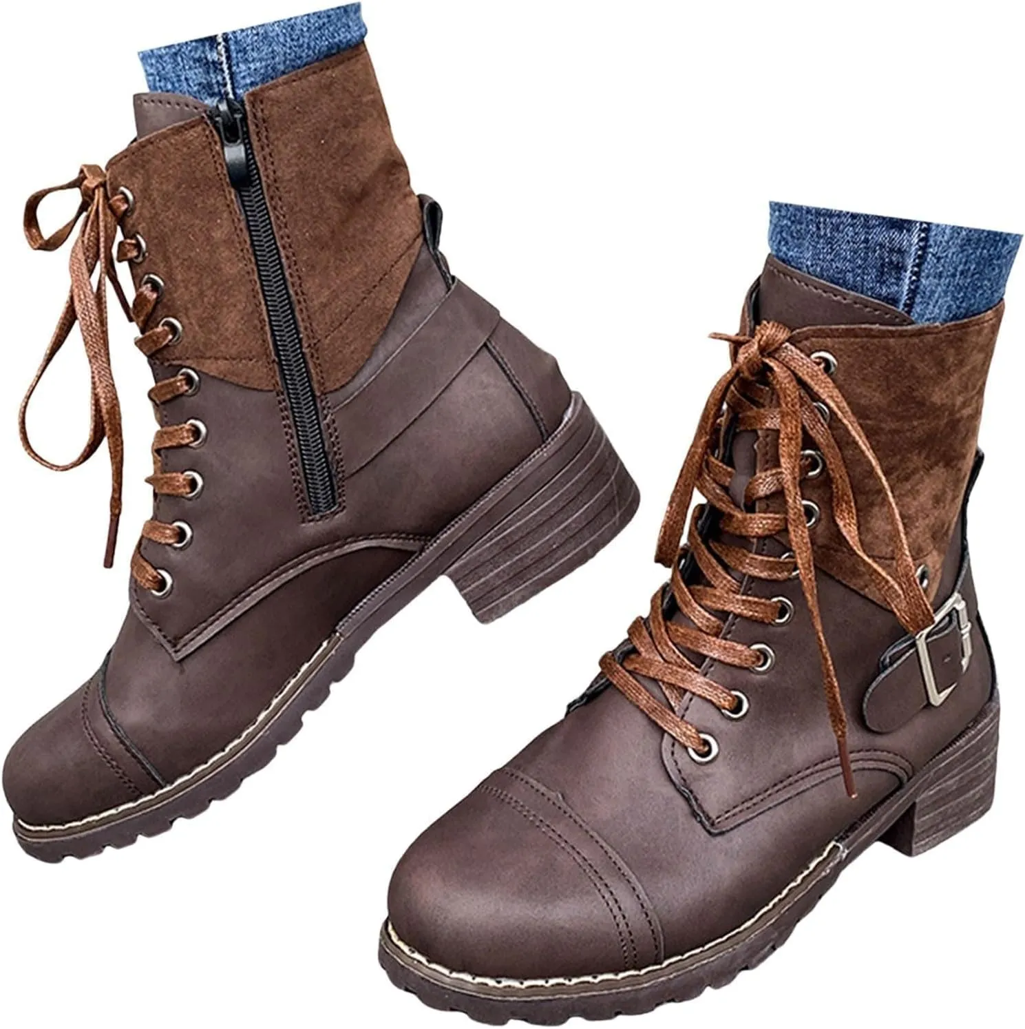 Cathalem Combat Boots for Women Fall And Winter Casual Retro Leather Buckle Blocking Lace Up Chunky Heel Mid Calf Boots