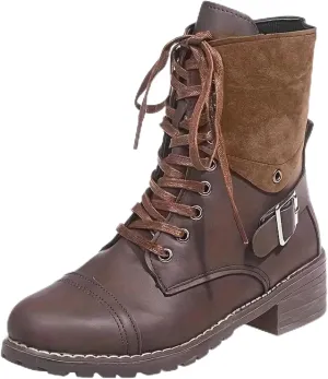 Cathalem Combat Boots for Women Fall And Winter Casual Retro Leather Buckle Blocking Lace Up Chunky Heel Mid Calf Boots
