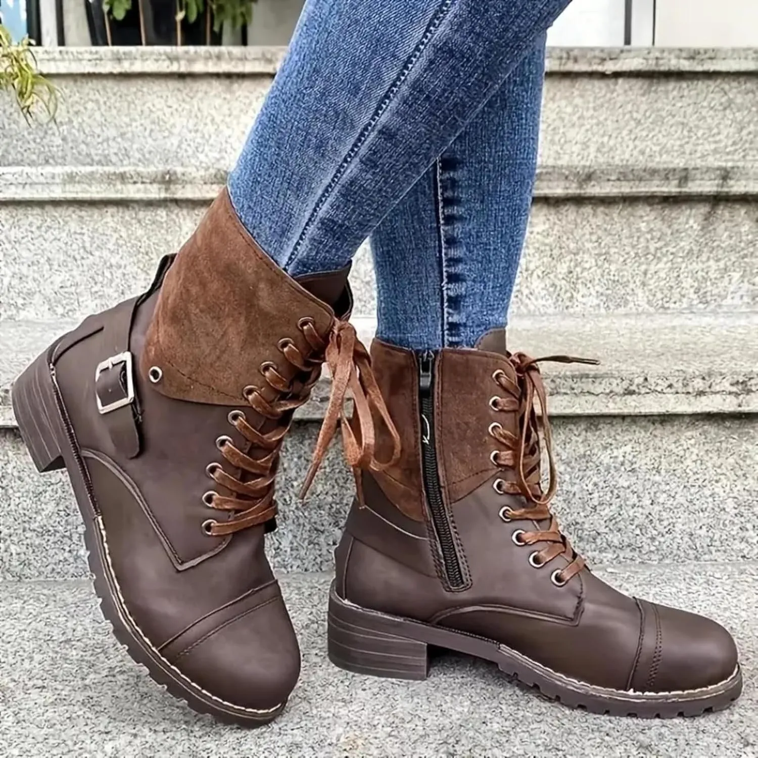 Cathalem Combat Boots for Women Fall And Winter Casual Retro Leather Buckle Blocking Lace Up Chunky Heel Mid Calf Boots
