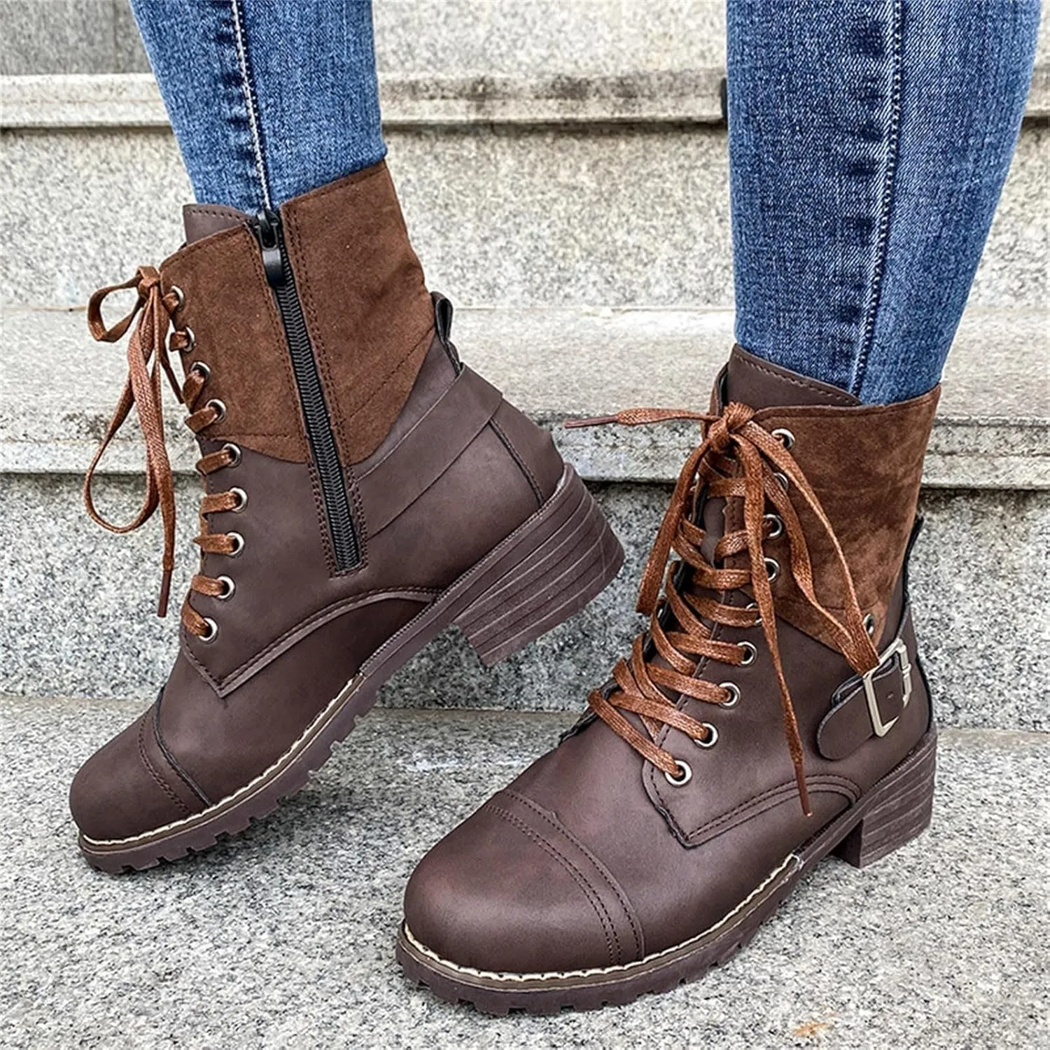 Cathalem Combat Boots for Women Fall And Winter Casual Retro Leather Buckle Blocking Lace Up Chunky Heel Mid Calf Boots