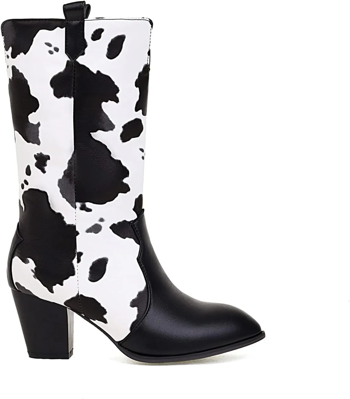 Cow Print Boots for Women - Fashion Pointed Toe Cutout Slip-on Chunky High Heel Mid Calf Boots Casual Trendy Colorblock Thick-heel Leather Shoes