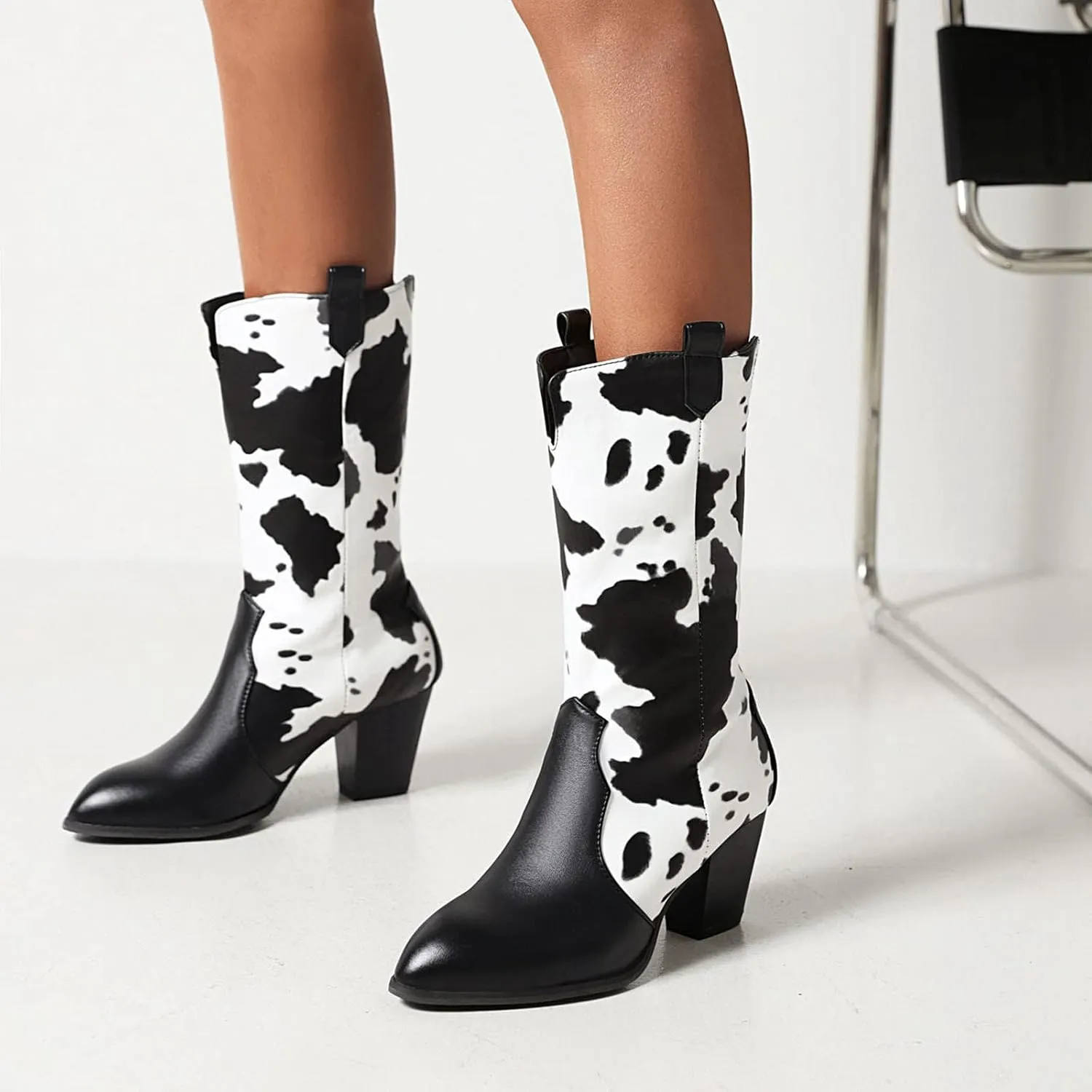 Cow Print Boots for Women - Fashion Pointed Toe Cutout Slip-on Chunky High Heel Mid Calf Boots Casual Trendy Colorblock Thick-heel Leather Shoes