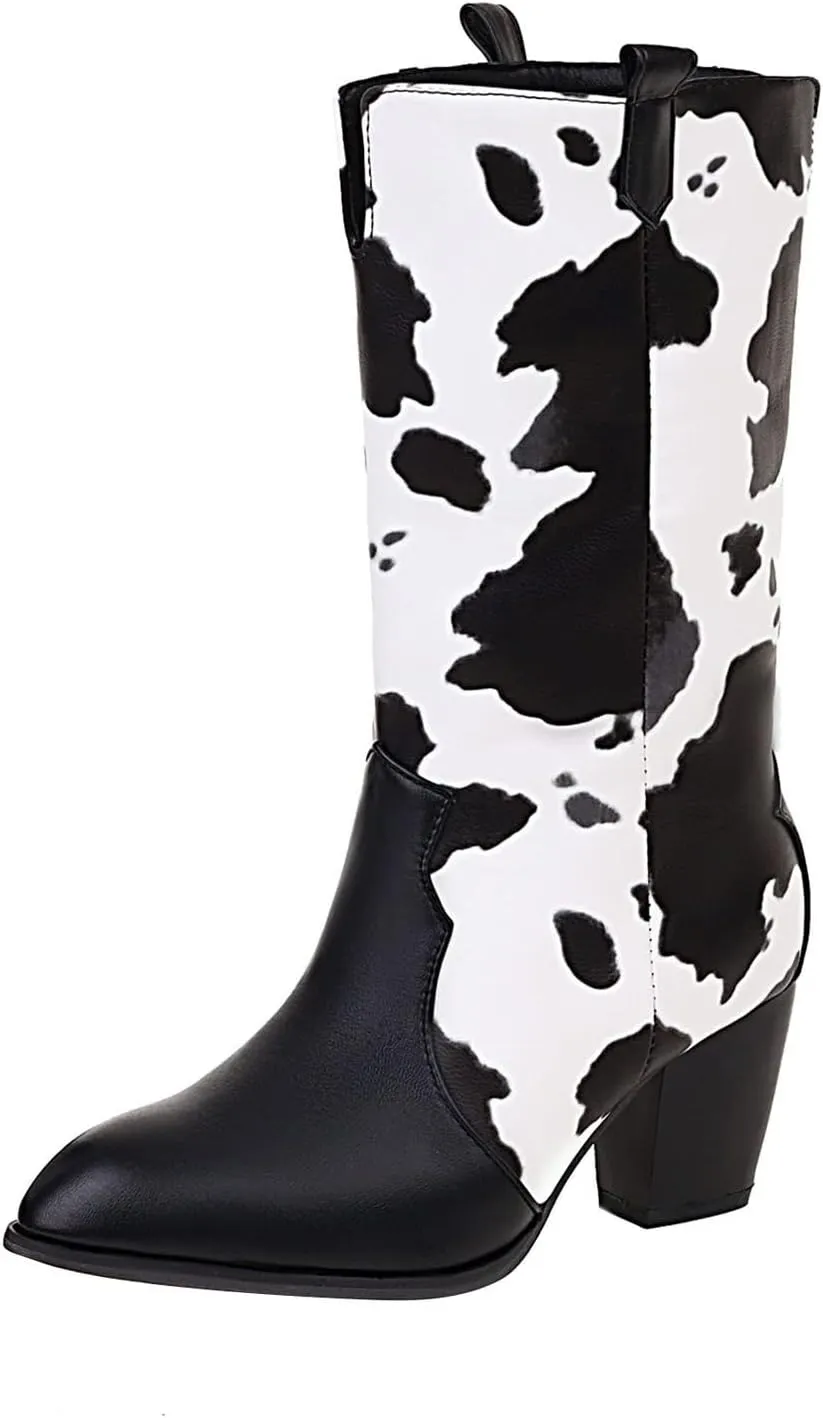 Cow Print Boots for Women - Fashion Pointed Toe Cutout Slip-on Chunky High Heel Mid Calf Boots Casual Trendy Colorblock Thick-heel Leather Shoes