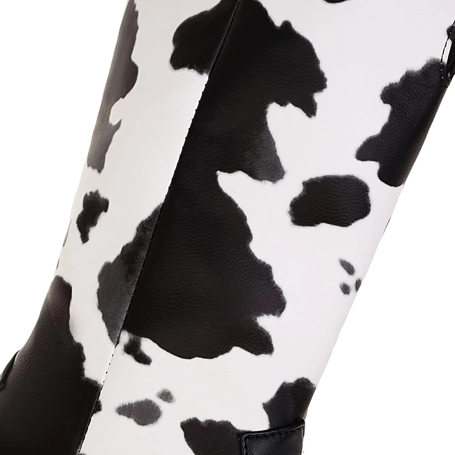 Cow Print Boots for Women - Fashion Pointed Toe Cutout Slip-on Chunky High Heel Mid Calf Boots Casual Trendy Colorblock Thick-heel Leather Shoes