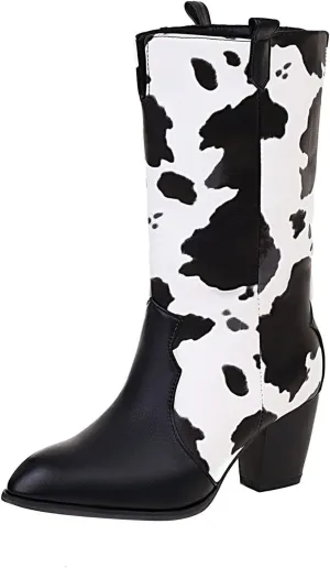 Cow Print Boots for Women - Fashion Pointed Toe Cutout Slip-on Chunky High Heel Mid Calf Boots Casual Trendy Colorblock Thick-heel Leather Shoes