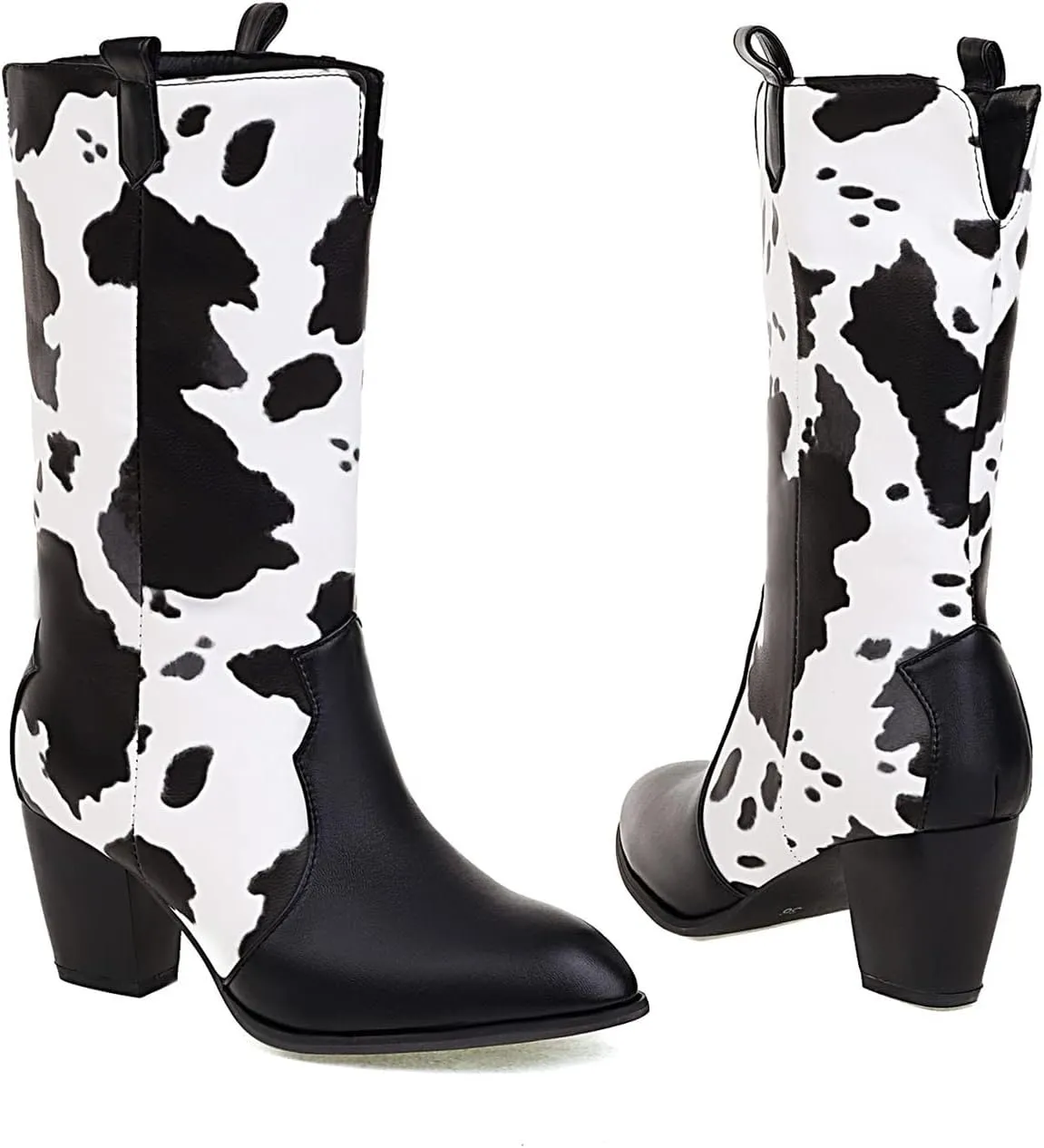 Cow Print Boots for Women - Fashion Pointed Toe Cutout Slip-on Chunky High Heel Mid Calf Boots Casual Trendy Colorblock Thick-heel Leather Shoes