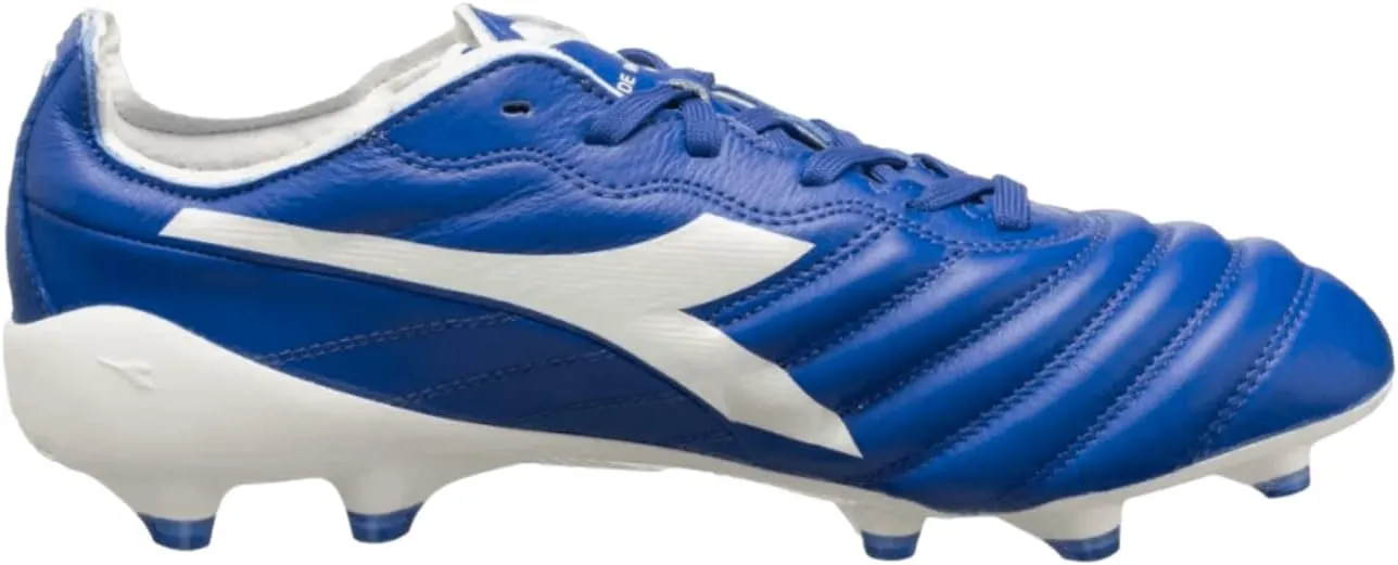 Diadora Brasil Elite 2 Tech ITA LPX Firm Ground Cleats - Premium Quality Leather, Lightweight, Made in Italy Soccer Shoes (Black/White) (Blue/White)