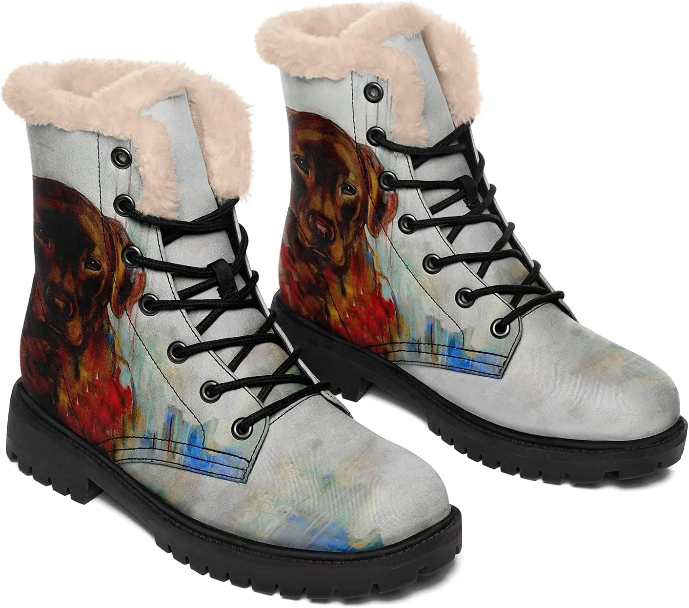 Dog Print Winter Boots for Women, Fashion Anti-slip Fur Lined Warm Snow Boots Waterproof Outdoor Hiking Boots