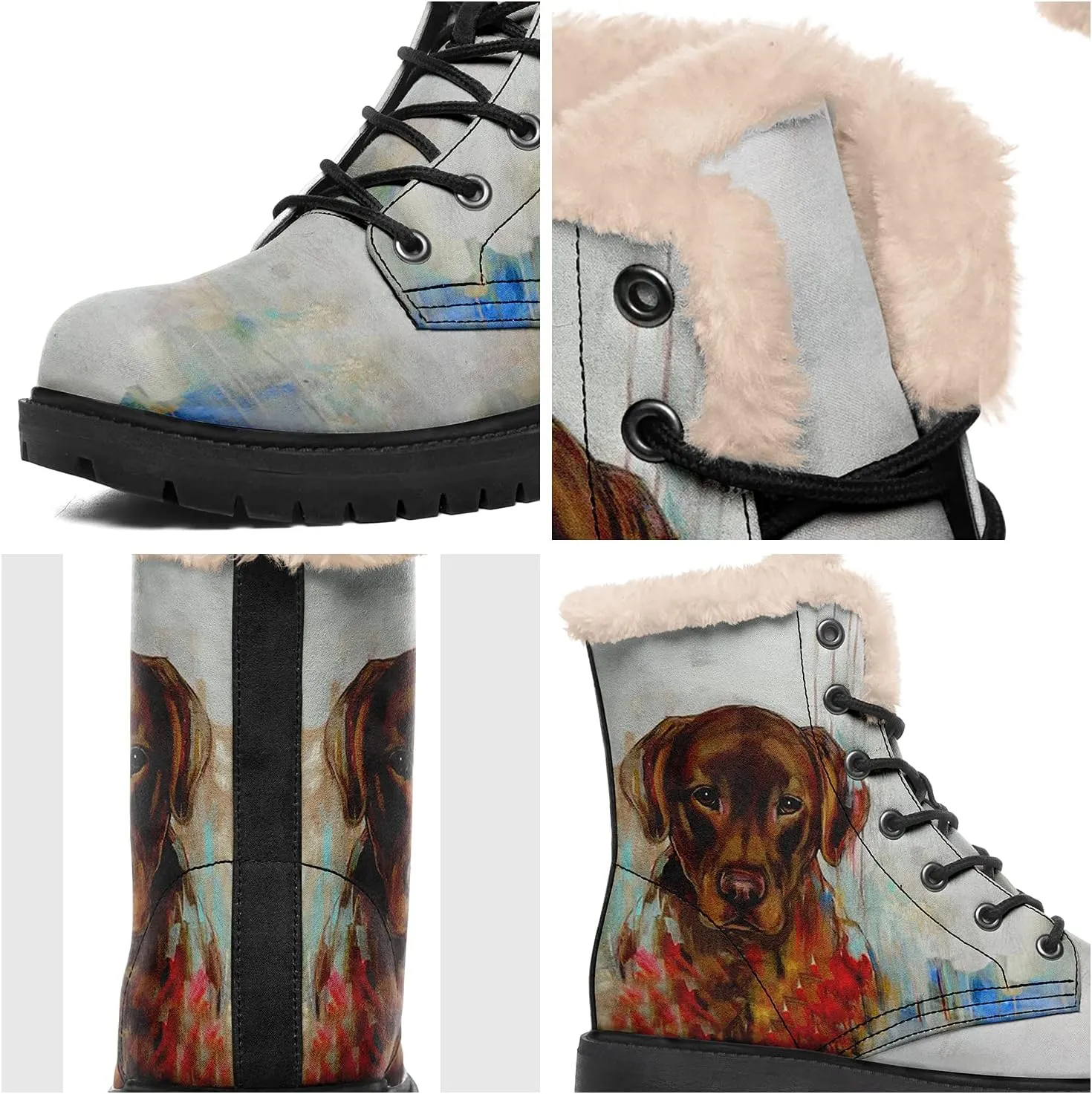 Dog Print Winter Boots for Women, Fashion Anti-slip Fur Lined Warm Snow Boots Waterproof Outdoor Hiking Boots