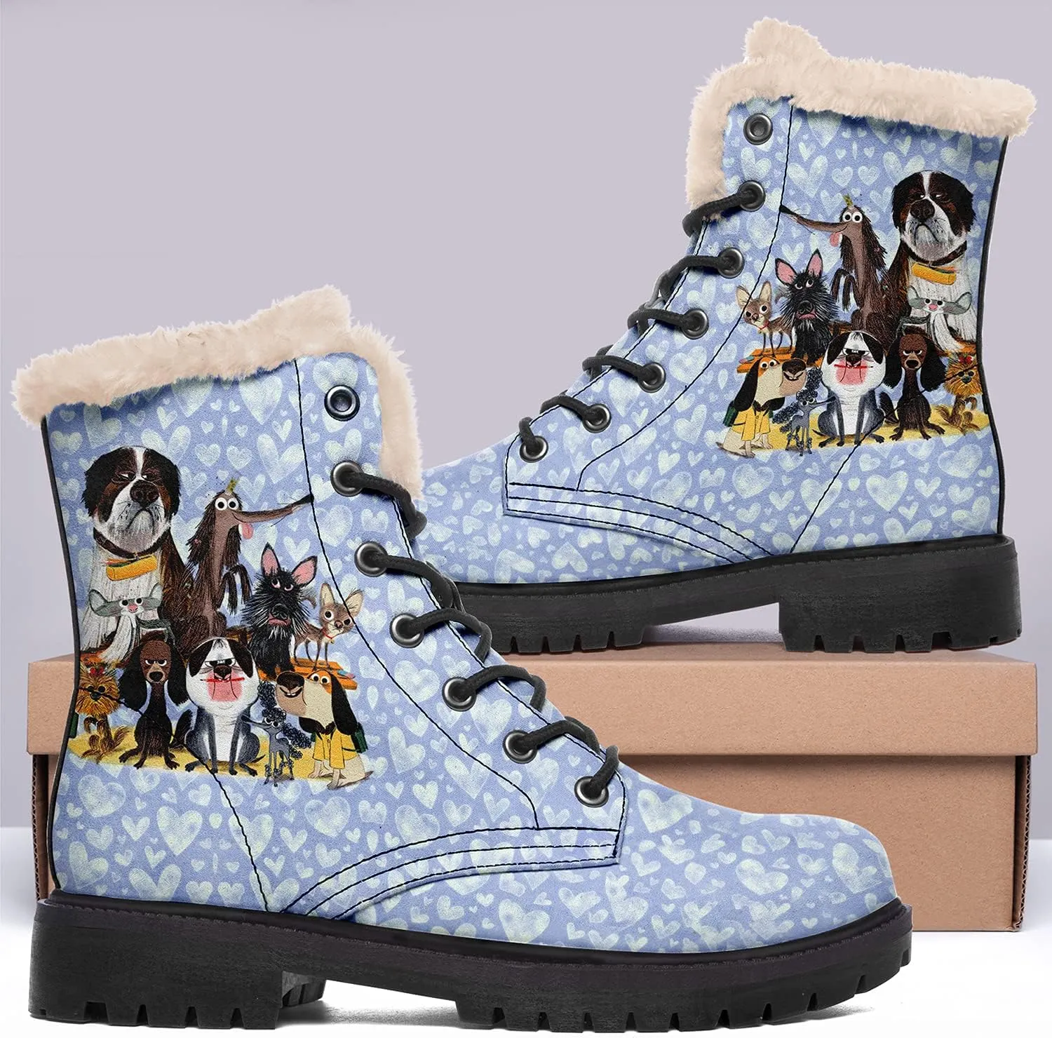 Dog Print Winter Boots for Women, Fashion Anti-slip Fur Lined Warm Snow Boots Waterproof Outdoor Hiking Boots