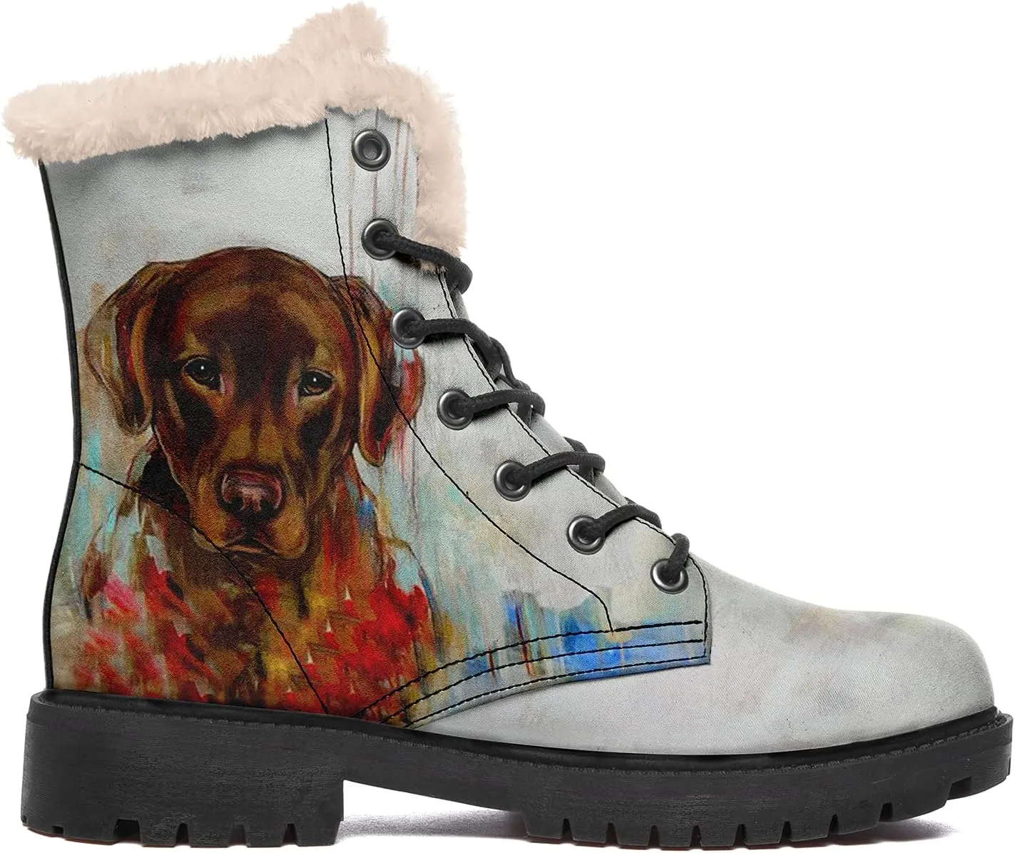Dog Print Winter Boots for Women, Fashion Anti-slip Fur Lined Warm Snow Boots Waterproof Outdoor Hiking Boots