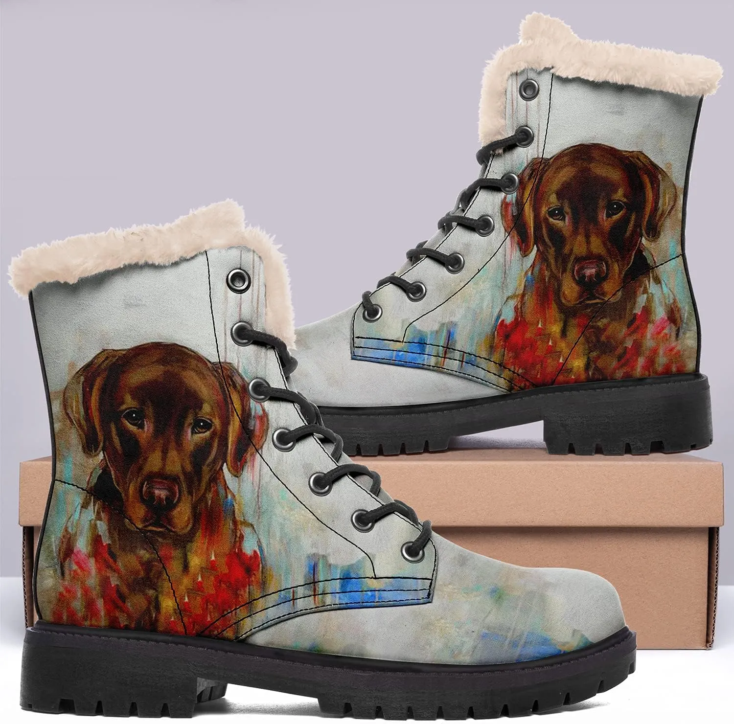 Dog Print Winter Boots for Women, Fashion Anti-slip Fur Lined Warm Snow Boots Waterproof Outdoor Hiking Boots