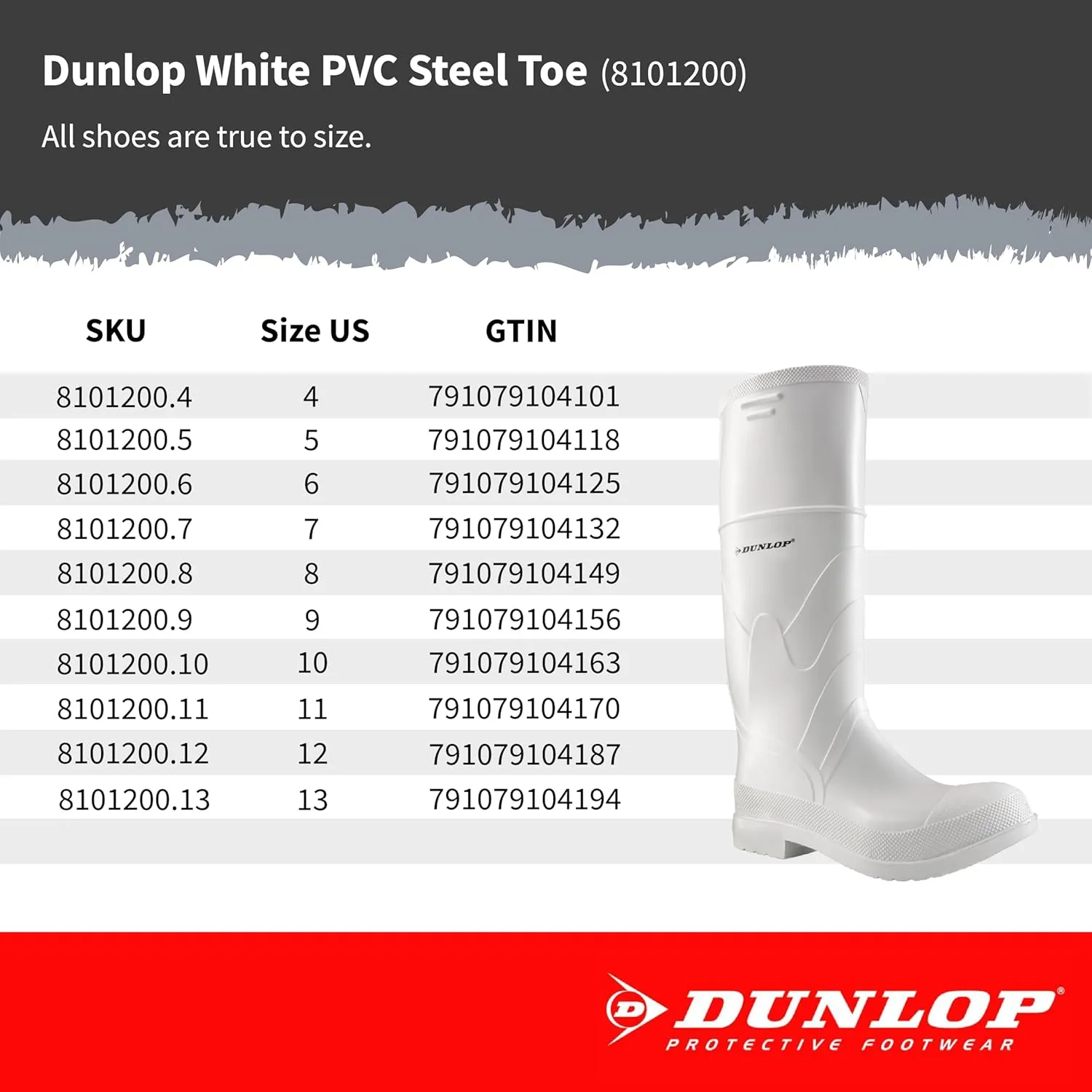 DUNLOP Protective Footwear, Steel Toe White Safety Lock, 100% Waterproof PVC, Lightweight and Durable Protective Footwear, Slip-Resistant, 8101200.09, Size 9 US