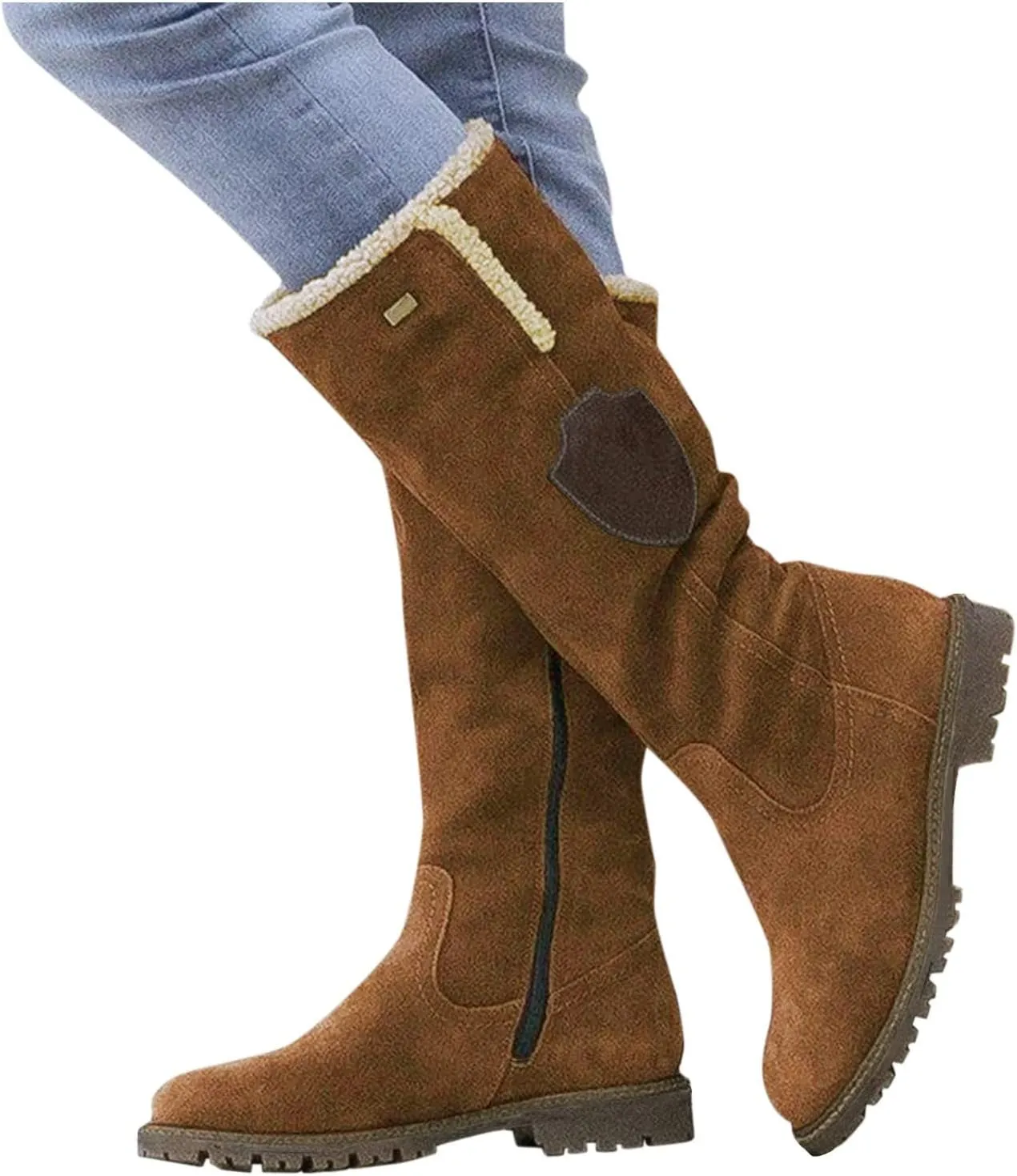 Knee High Boots Women Winter Snow Boots for Women Girls Fleece Lined Warm Boots Round Toe Chunky Low Heel Fashion Boots Long Tall Booties for Ladies Pull On Boots Knee Length Flat Boots