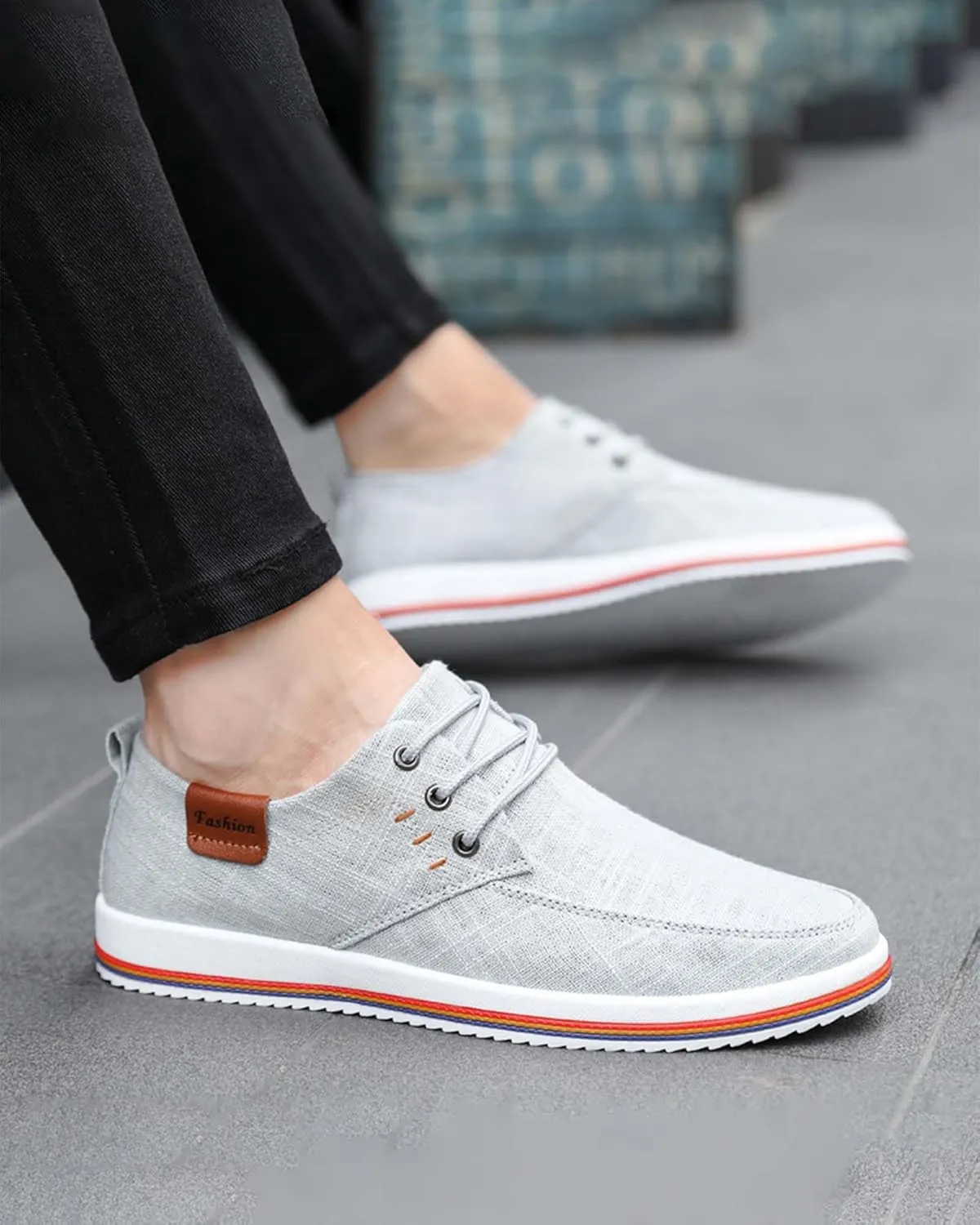 Men's Fashion Loafers Breathable Canvas Shoes Comfortable Round Toe Sneakers Low Top Lace Up Casual Shoes