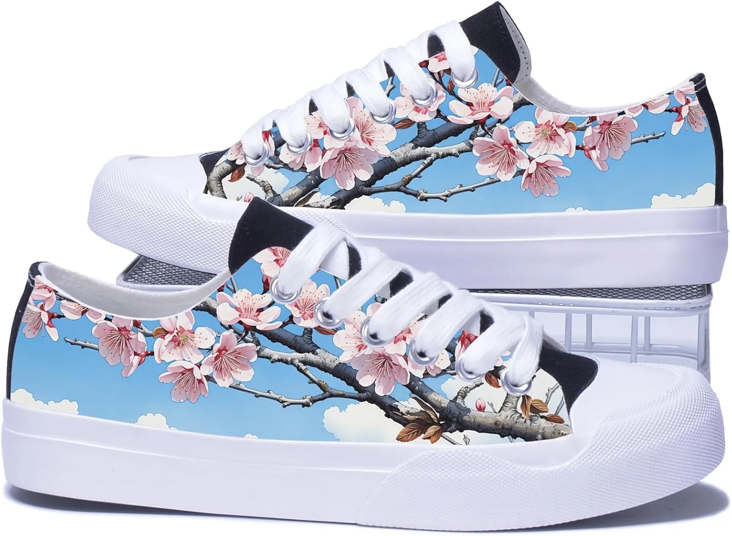 Men's Fashion Sneakers Low Top Canvas Shoes Cherry Blossom Sakura Pattern Casual Breathable Walking Tennis Shoes for Women