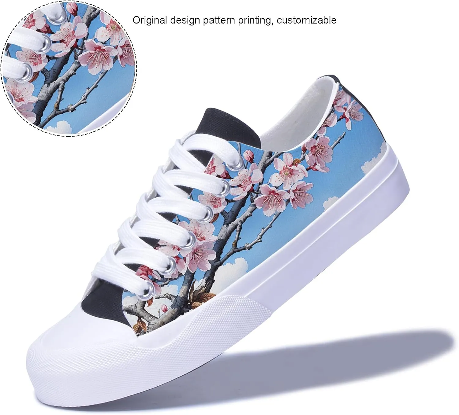 Men's Fashion Sneakers Low Top Canvas Shoes Cherry Blossom Sakura Pattern Casual Breathable Walking Tennis Shoes for Women