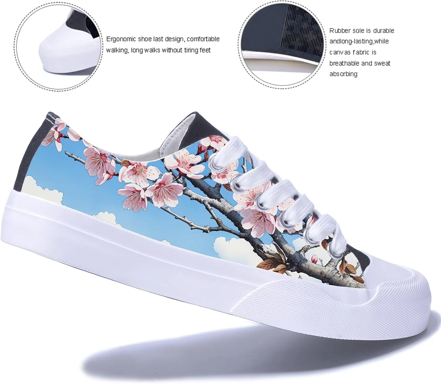 Men's Fashion Sneakers Low Top Canvas Shoes Cherry Blossom Sakura Pattern Casual Breathable Walking Tennis Shoes for Women