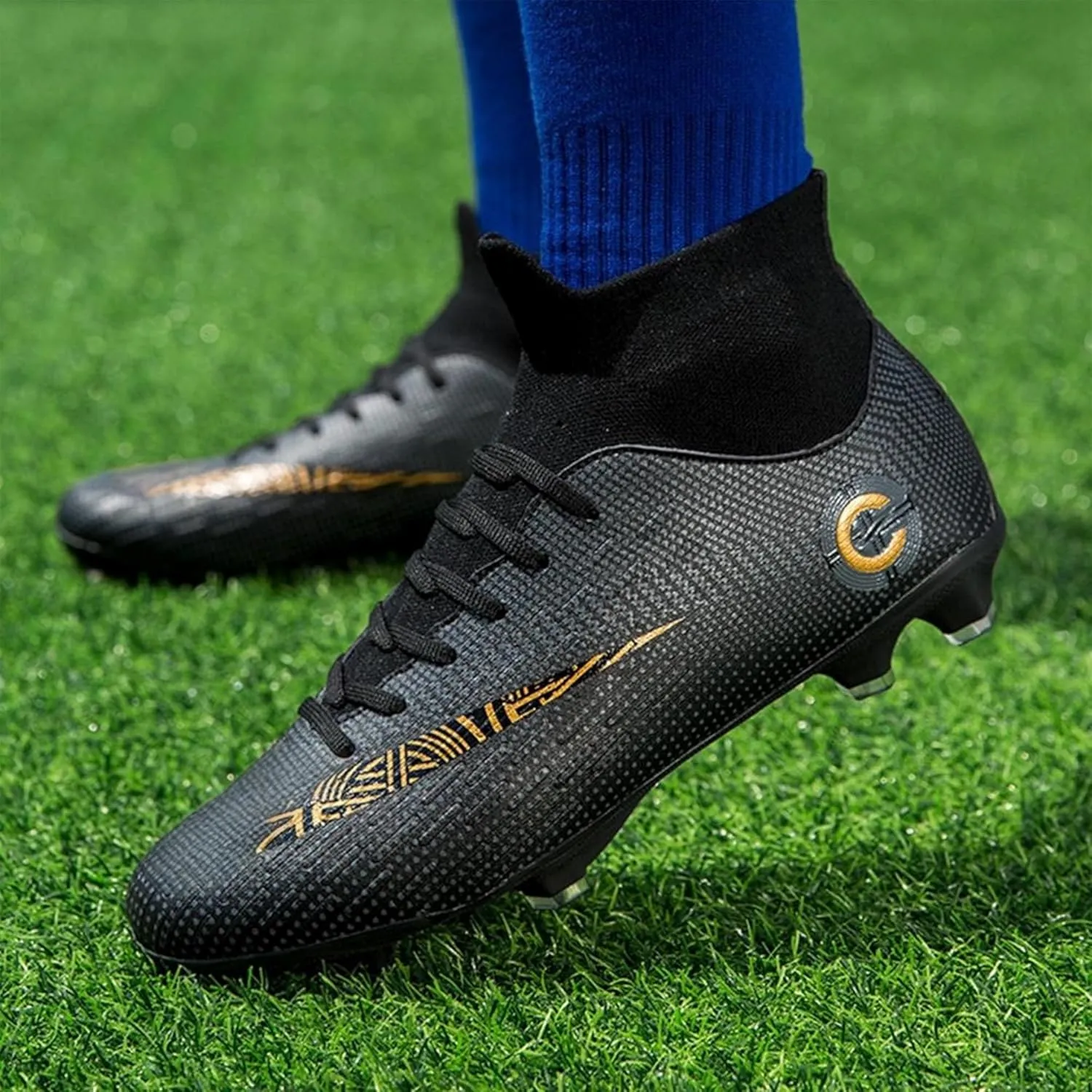 Men's Soccer Cleats Football Shoes with Non-Slip Spikes High-Tops Lace-Up Ankle Support Outdoor Firm Ground Turf Baseball Lacrosse Combat Boots
