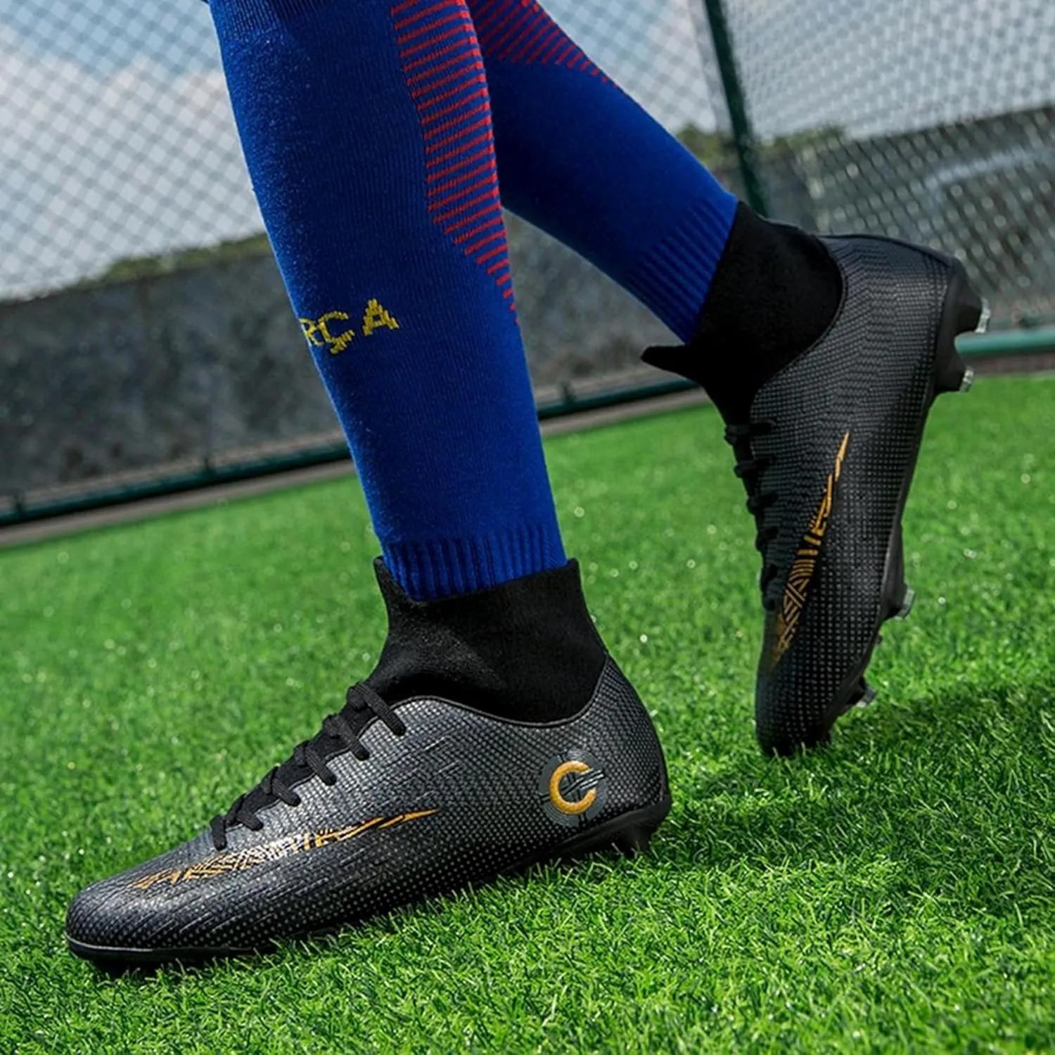 Men's Soccer Cleats Football Shoes with Non-Slip Spikes High-Tops Lace-Up Ankle Support Outdoor Firm Ground Turf Baseball Lacrosse Combat Boots