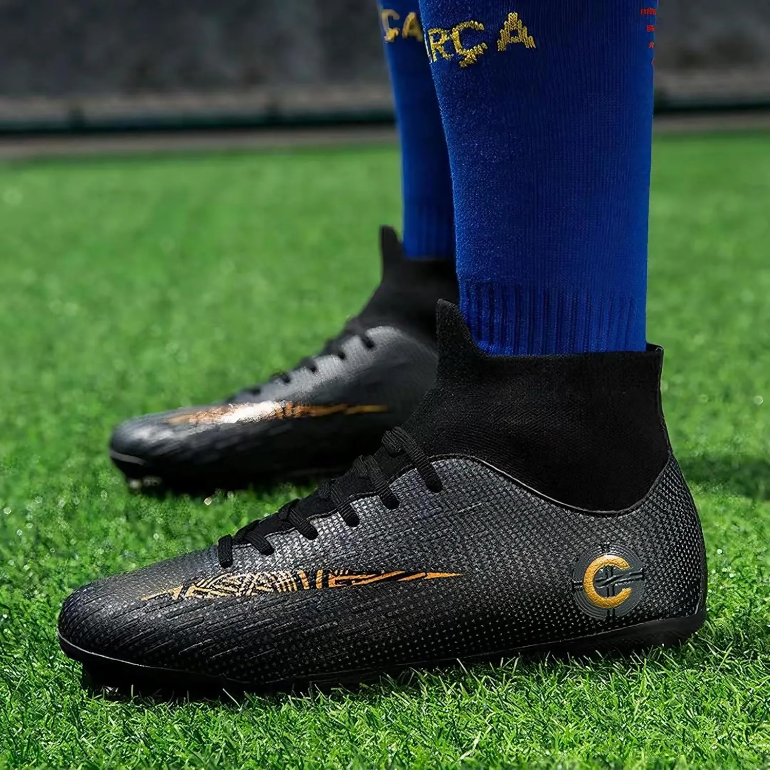 Men's Soccer Cleats Football Shoes with Non-Slip Spikes High-Tops Lace-Up Ankle Support Outdoor Firm Ground Turf Baseball Lacrosse Combat Boots