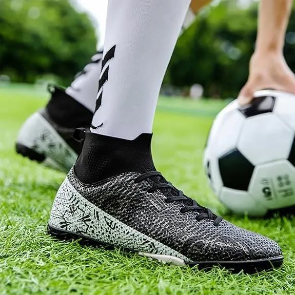 Men's Soccer Shoes High-Tops Lace-Up Non-Slip Spikes Indoor Football Futsal TF Turf Cleats
