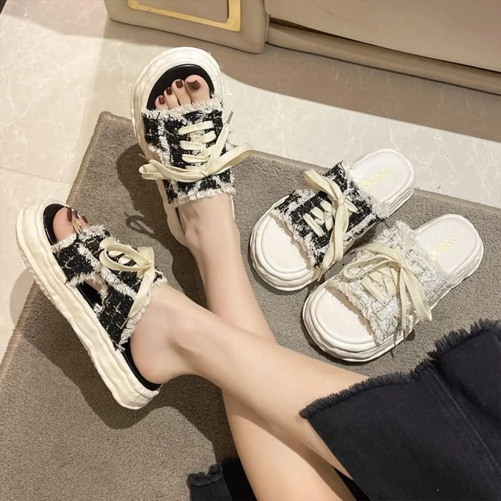 MOLERFO Women's Sandals Open-toe Denim In Backless Canvas Shoes Step on Cloud Platform Sandals