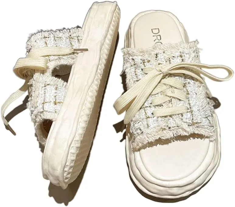 MOLERFO Women's Sandals Open-toe Denim In Backless Canvas Shoes Step on Cloud Platform Sandals